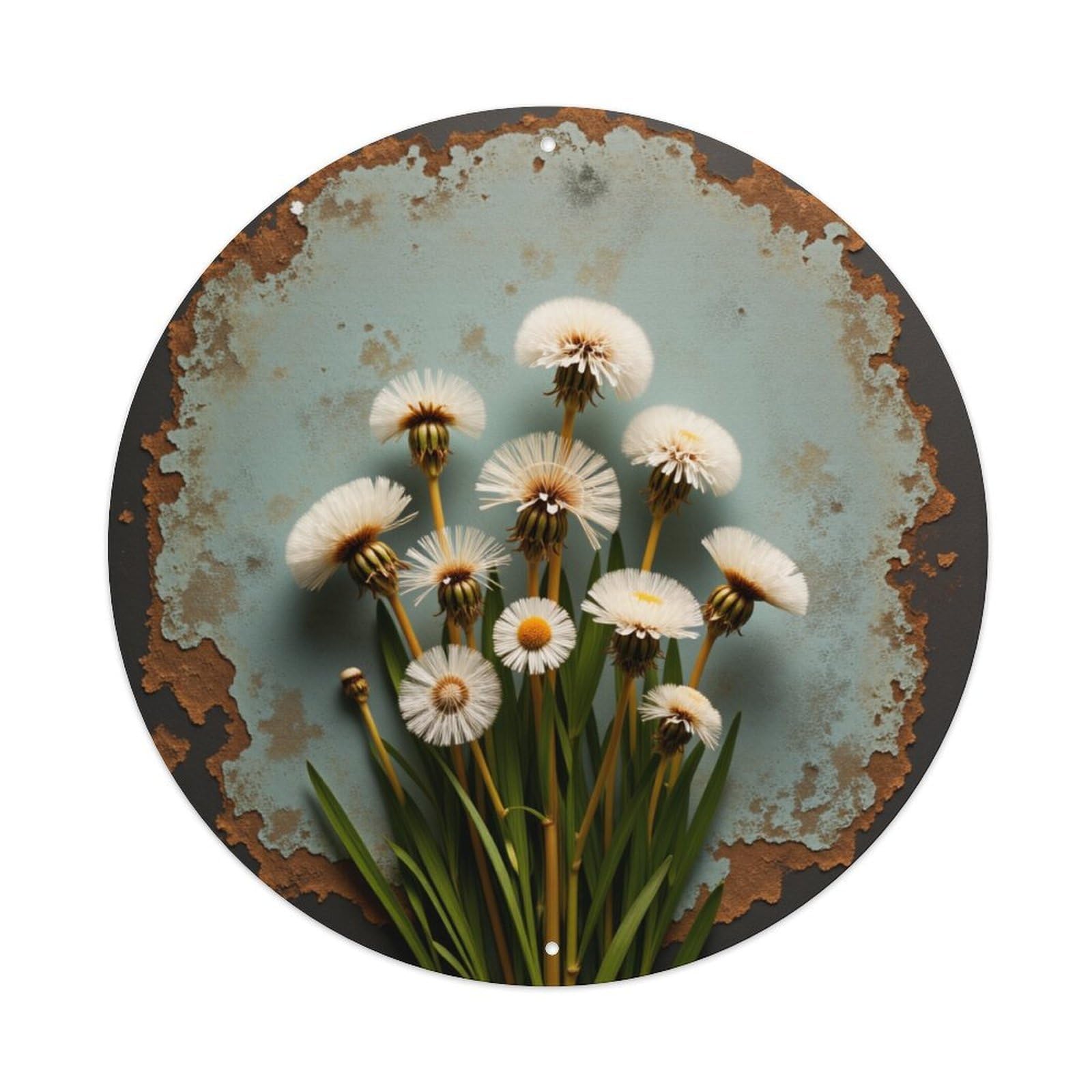 Dandelion Flowers Rustic Background Pattern Round Tin Sign Vintage Metal Poster, Home Bar Garage Man Cave Cafe Indoor & Outdoor Wall Decoration 8x8Inches