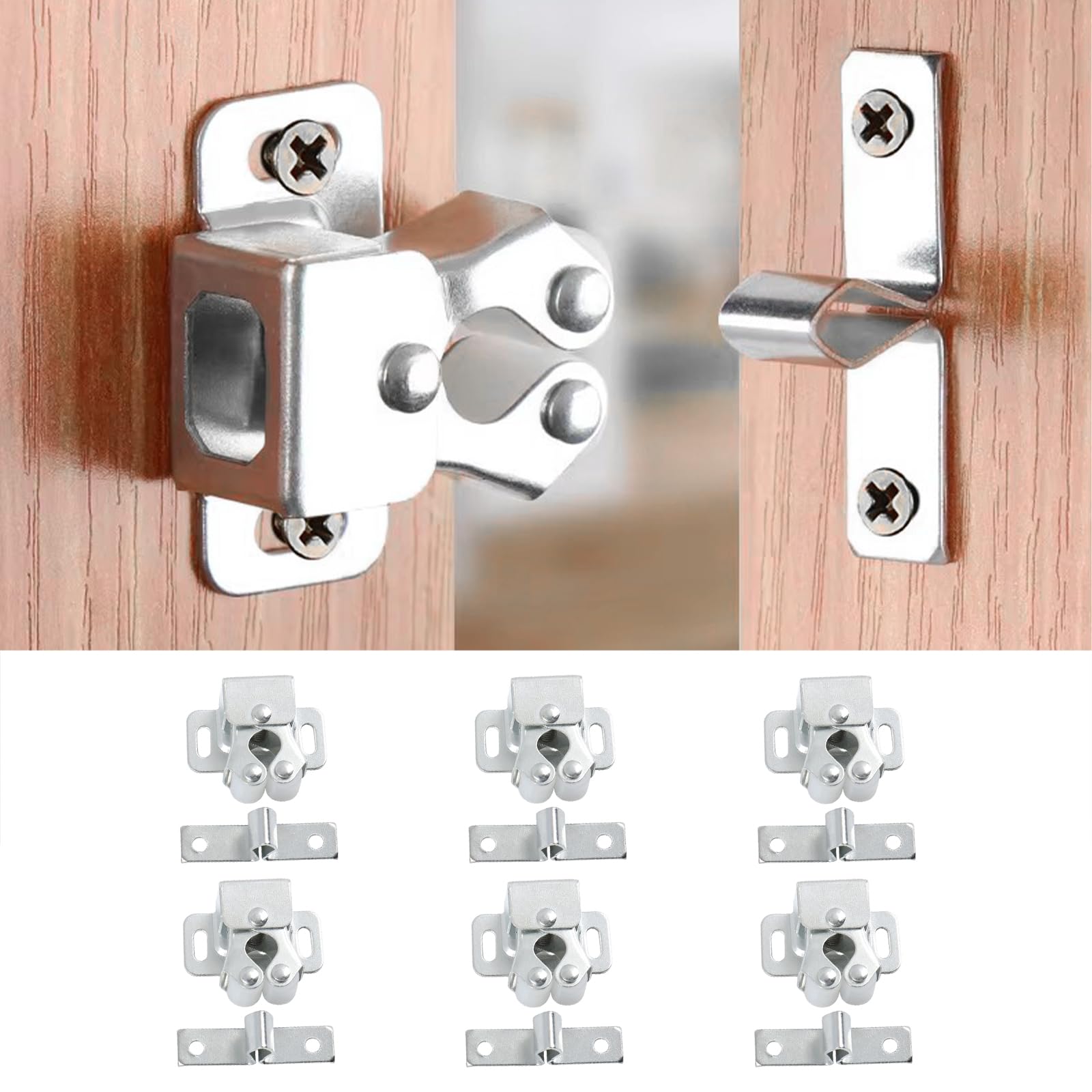 Gxahsol Silver Door Catches Latches, 6Pcs Double Roller Catch, Cabinet Latch Hardware For Closet Kitchen, Roller Cabinet Catch With Screws(Silver)