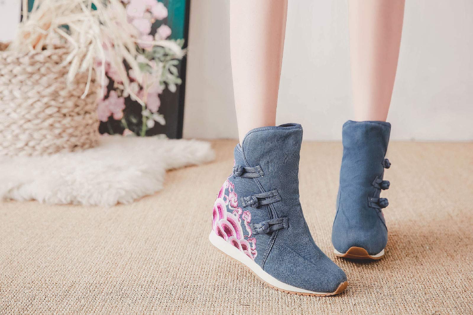 Lazutom Mujeres Señora Estilo Chino Bordado Invierno Botines Comodidad Deportes Zapatos De Lona, Blue, 38 EU