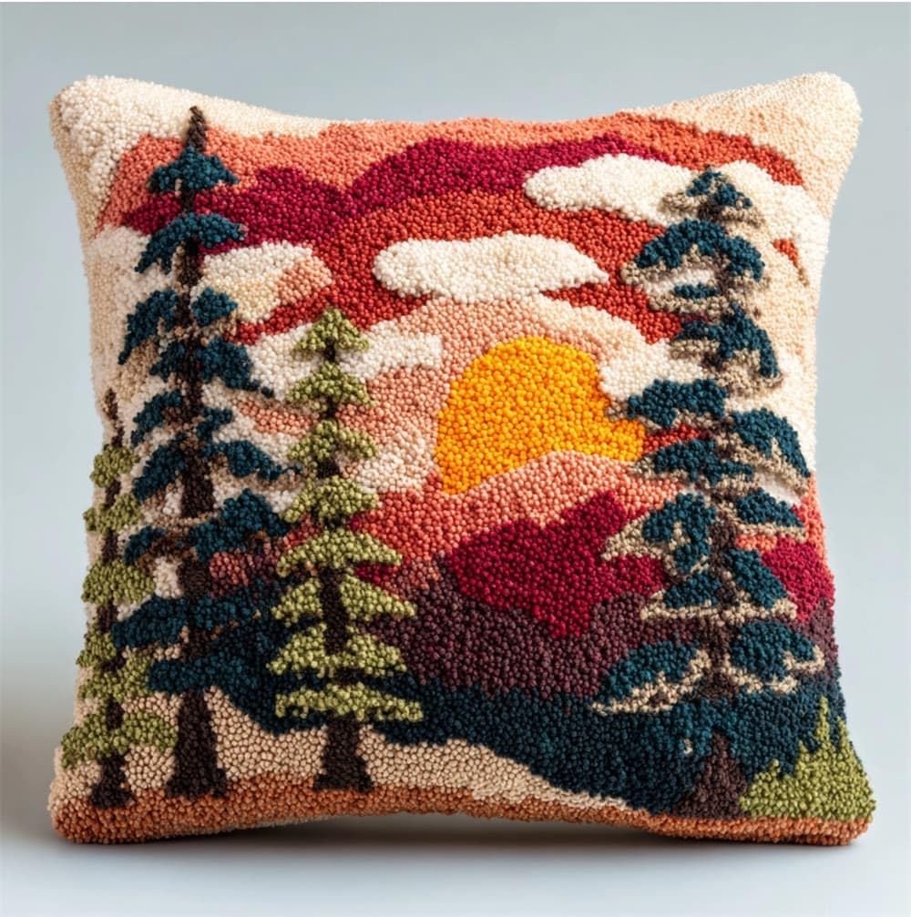 FWRTYCB Latch Hook Kits for Adults Beginners Sunset Mountain Tree Pillow S
