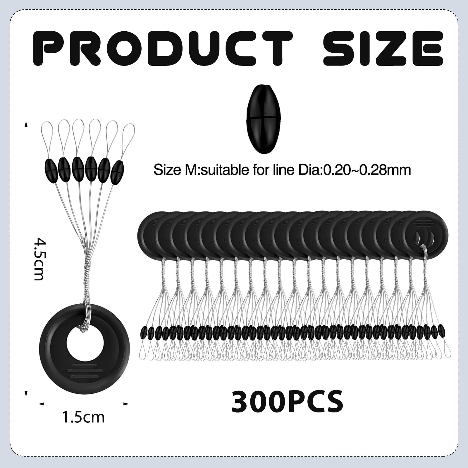 300 Tapón Flotador de Pesca de Goma, Tapón de Goma Cuerda de Cuerda Flotador de Pesca de Goma Tapón Flotador de Pesca 6 en 1, Negro