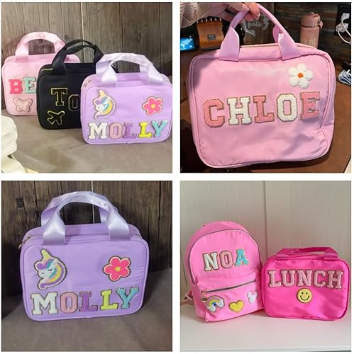Miniatura 5 de Bolsa de almuerzo personalizada para niños con parche de nombre de chenilla, lonchera escolar de nailon personalizada, regalos para estudiantes,