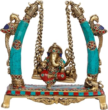 Kartique Brass Lord Ganesha Idol for Gift Ganpati Bappa Jhoola Statue Puja Home Office Decoration Vinayaka Murti Jhula Swing Multicolor Height 10 Inch