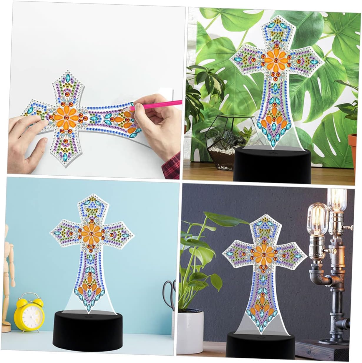 DOITOOL Cross Shape Table Lamp DIY Rhinestones Painting Desk Light Small Nightstand Lamp for Bedroom Nursery Reading and Home Decor 7.87X3.46X1.49In