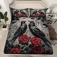 Erosebridal Jogo de lençol casal casal corvo romântico preto Halloween rosa vermelha assustadora, para mulheres, homens, adultos, gótico, aquarela, lençol com elástico, 3 peças