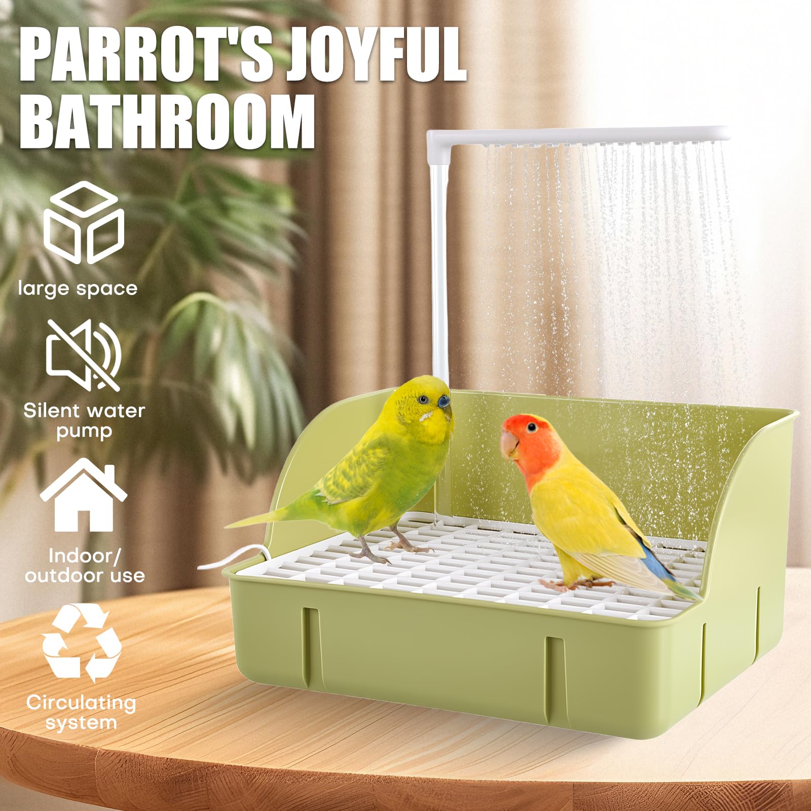 Bañera de baño para pájaros Baño automático para pájaros con bomba, bebedero para pájaros baño accesorios de ducha para periquitos, pájaros, loro (verde, L)