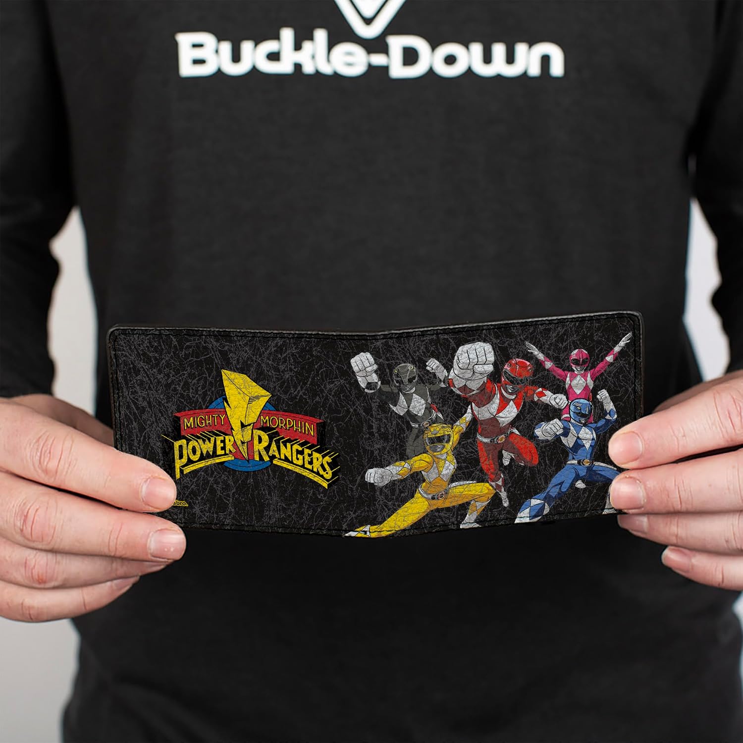 Buckle-Down Power Rangers Wallet, Bifold, MMPR Power Rangers Group Action Pose Weathered and Logo Black, Vegan Leather