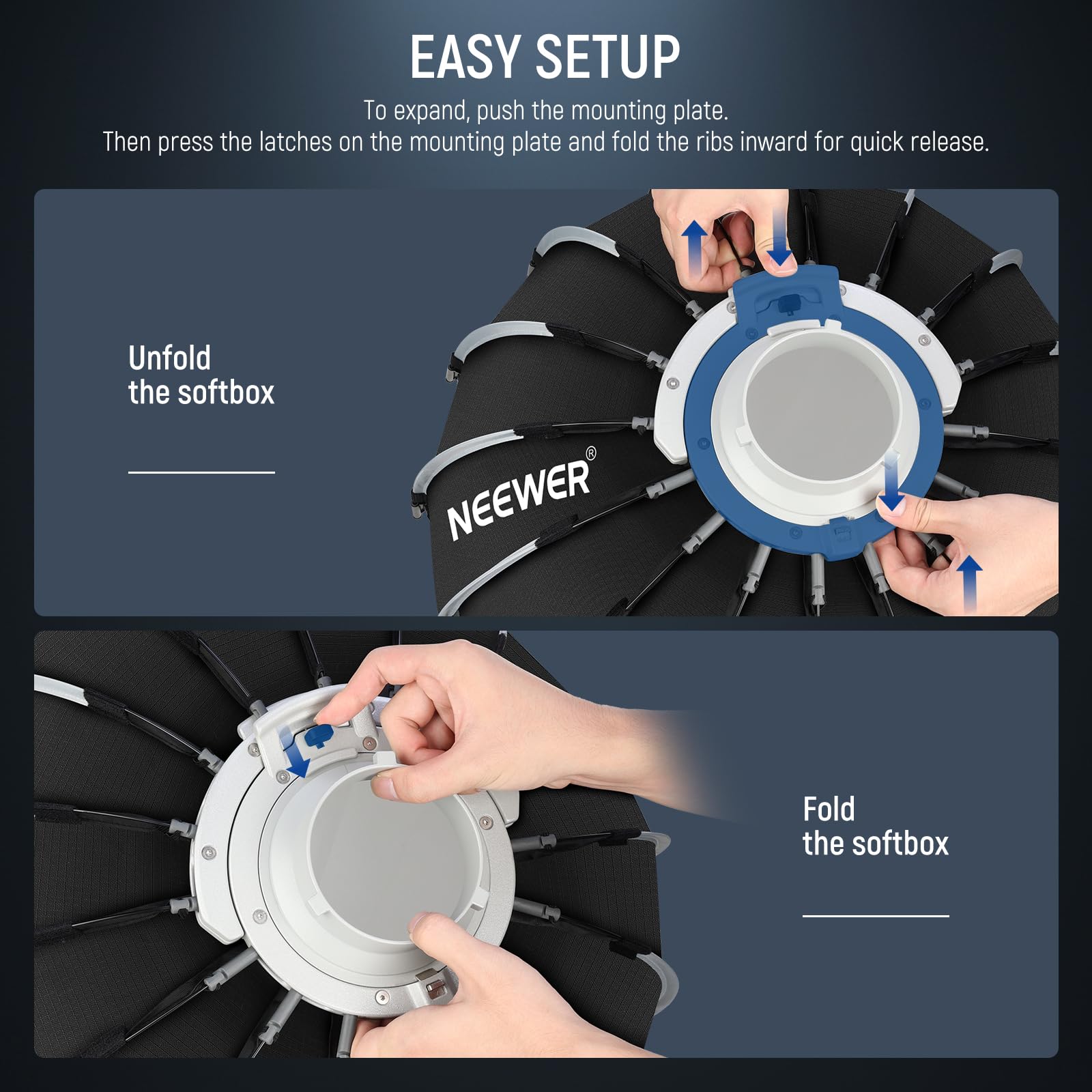 NEEWER Paraboliczny zestaw softbox, 120 cm, z dyfuzorami światła, do fotografii studyjnej, nagrywania wideo, strumieniowego oświetlenia, kompatybilny z Aputure 120D, kompatybilny z Godox SL60w, NS73P