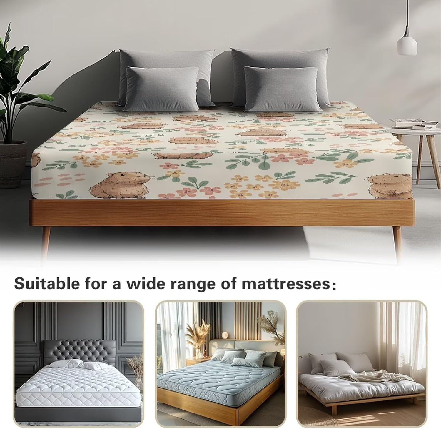 Kapybara Bedding Fitted Sheet with Deep Pocket Fitted Bottom Sheets Soft Bedding Mattress Protector Bed Cover with All-Round Elastic Bedspread Twin for Kids Teens Girls