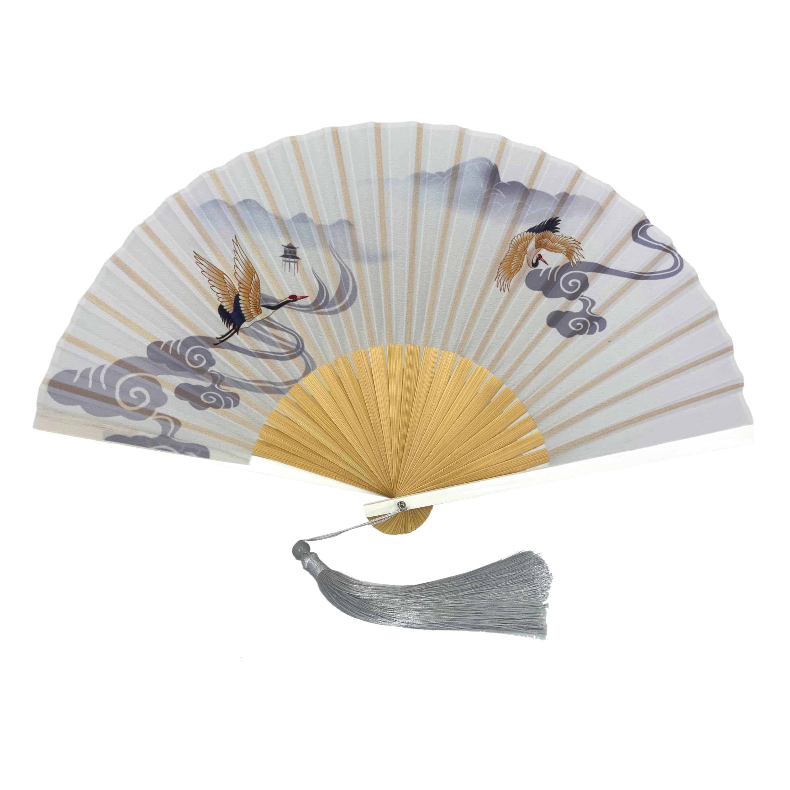 FANSOF.FANS Vintage Artwork Printed Premium Silk Fabric Handheld Folding Fan with Grade A Bamboo Ribs for Women Girls Event Birthday Wedding Favour With Tassel and Pouch (Heavenly Sky)