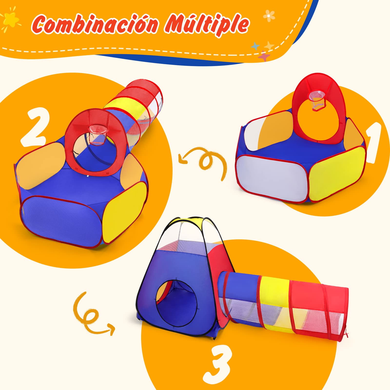 Tienda Campaña Infantil + Piscina de Bolas + Túnel Plegable 3 en 1 Pop Up, Opret Parque de Bolas Exterior o Interior, Juego de Regalo para Niños (No Incluye Las Bolas)