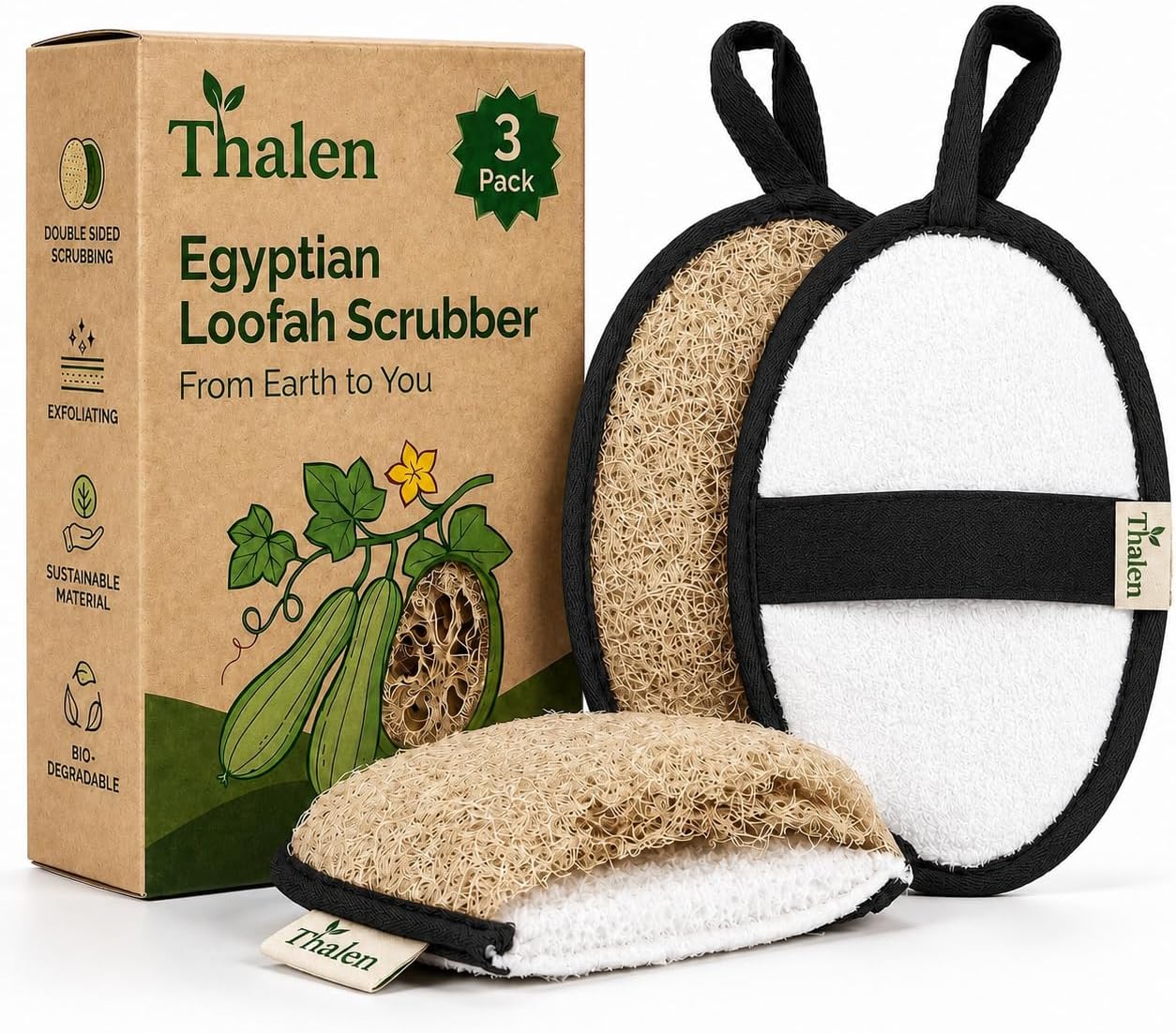 Natural Loofah Exfoliating Body Scrubber | Plastic Free, Non-Toxic, No PFAS, Organic Lufa Sponge | Lufas for Women | Bath Sponge | Zero Waste Egyptian Loofah Pack of 3 - Black Obsidian