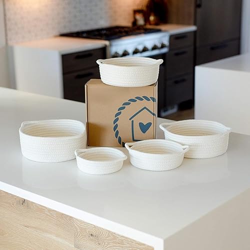5-Piece Round Small Woven Baskets Set - Cotton Rope Baskets for Organizing, Mini Table Storage Baskets, Key Tray Remotes Toy Storage Fruit Shallow Cage Home Décor, Cat Dog Nesting Bins Gift (Khaki)(White)