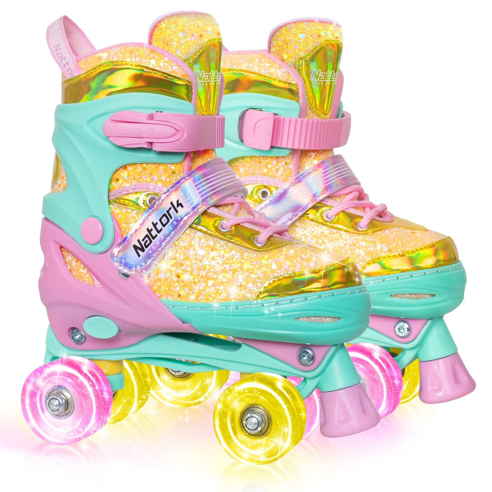 Nattork Patines de ruedas para niñas y niños, 4 tamaños ajustables, patines para niñas de 3 a 12 años con ruedas iluminadas y protección de seguridad, regalo de cumpleaños genial para deportes en