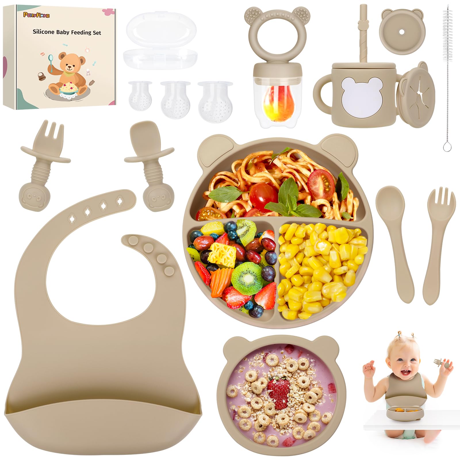 PERRYHOME 17Pcs Silicone Baby Feeding Set,Baby Led Weaning Feeding Supplies for Toddlers, Kids Suction Silicone Plates and Bowls Set for Baby Gift (Beige)
