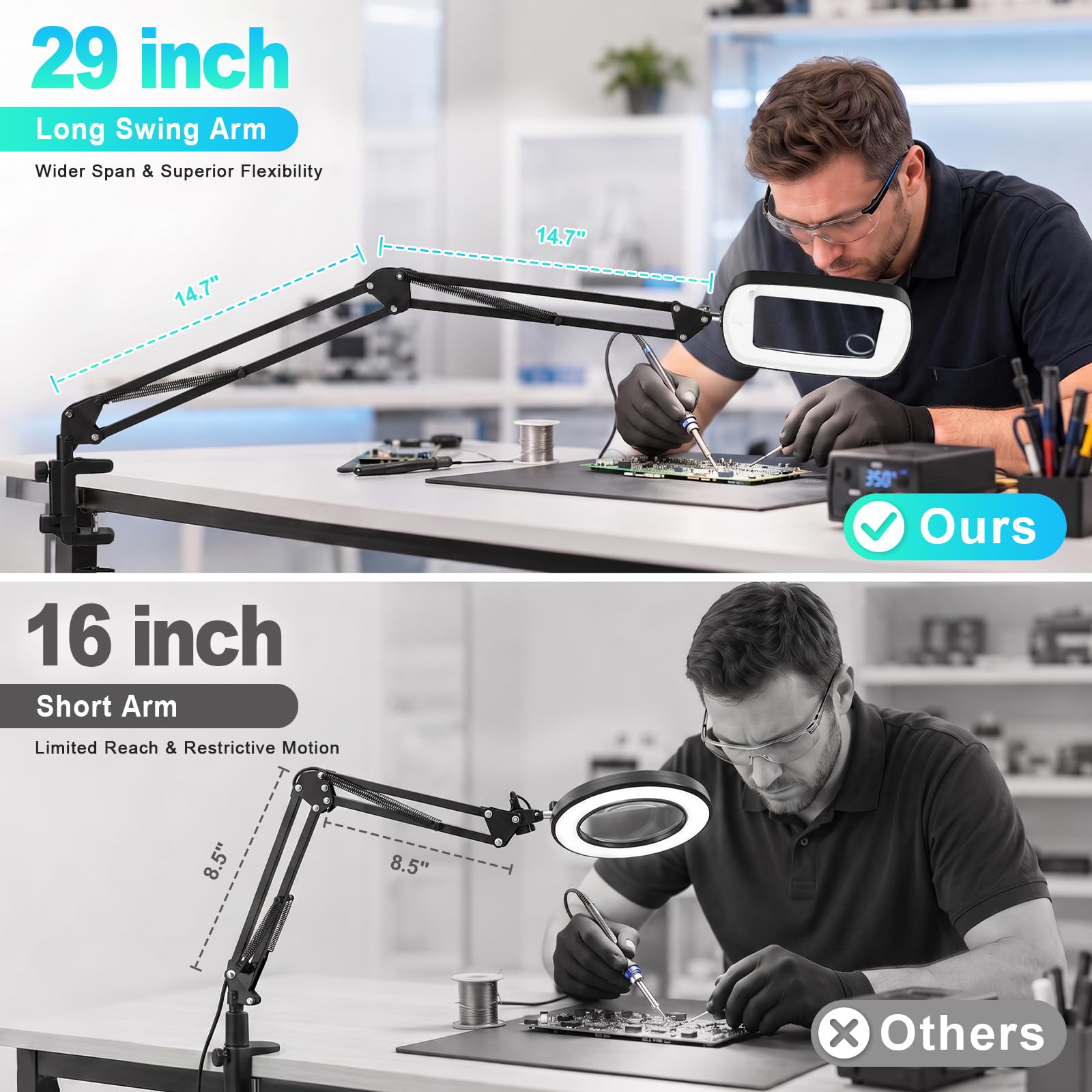 NZQXJXZ Lupa con Luz 10X 30X con Pinza para Lectura y Hobbies | Brazo Flexible 75 cm, Lente Acrílica Grande, 3 Modos de Luz, Brillo Regulable y Pinza Práctica para Uso Manos Libres