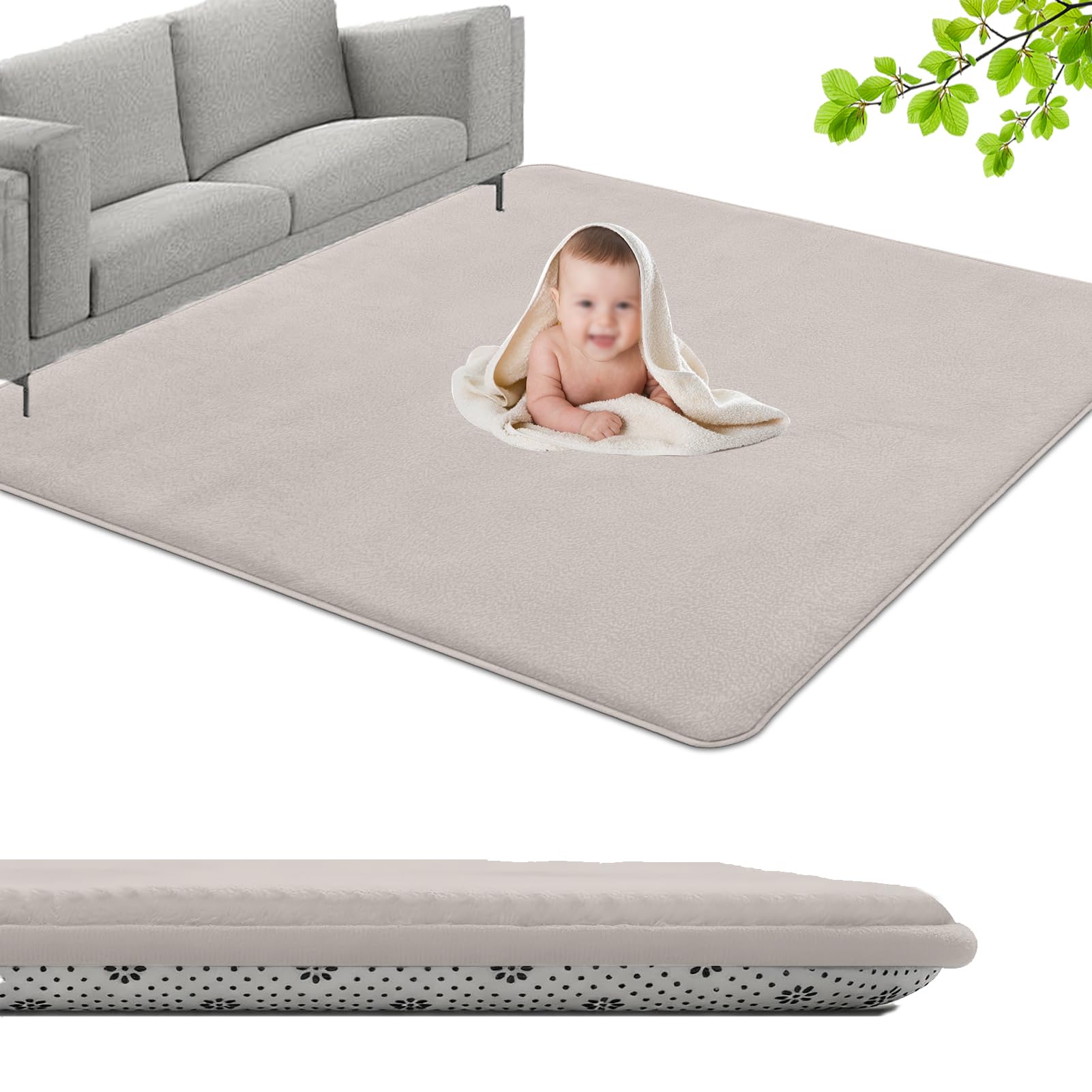GmyoieqI Large Coral Velvet Baby Play Mat, 3CM Memory Foam Area Rug 100 x 120 cm Children's play mat Soft Play & Tummy Time, Playmat for Floor with Non-Slip Backing Crawling, Easy Care Rug Beige