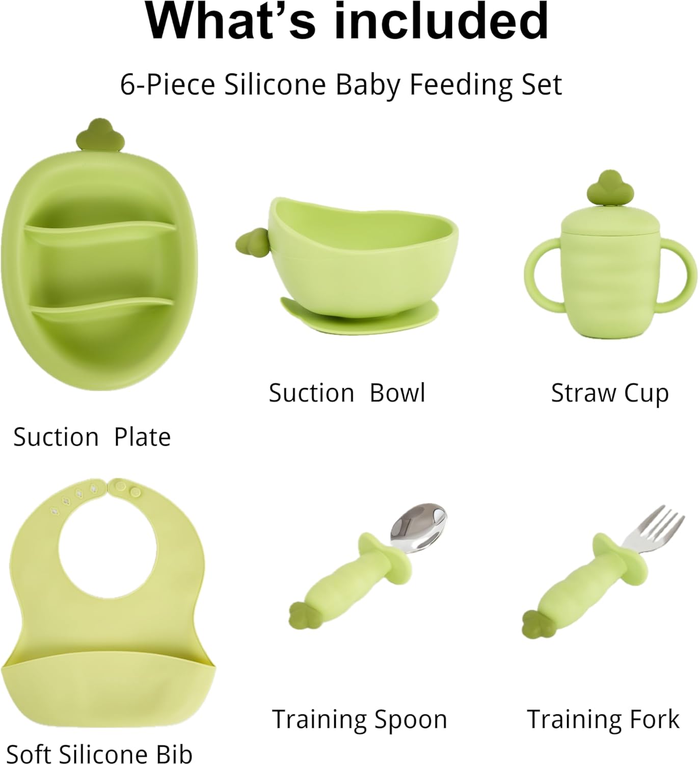 Silicone Baby Feeding Gift Set – Suction Plate, Bowl, Training Cup, Fork, Spoon & Bib (6-Piece) (Green)