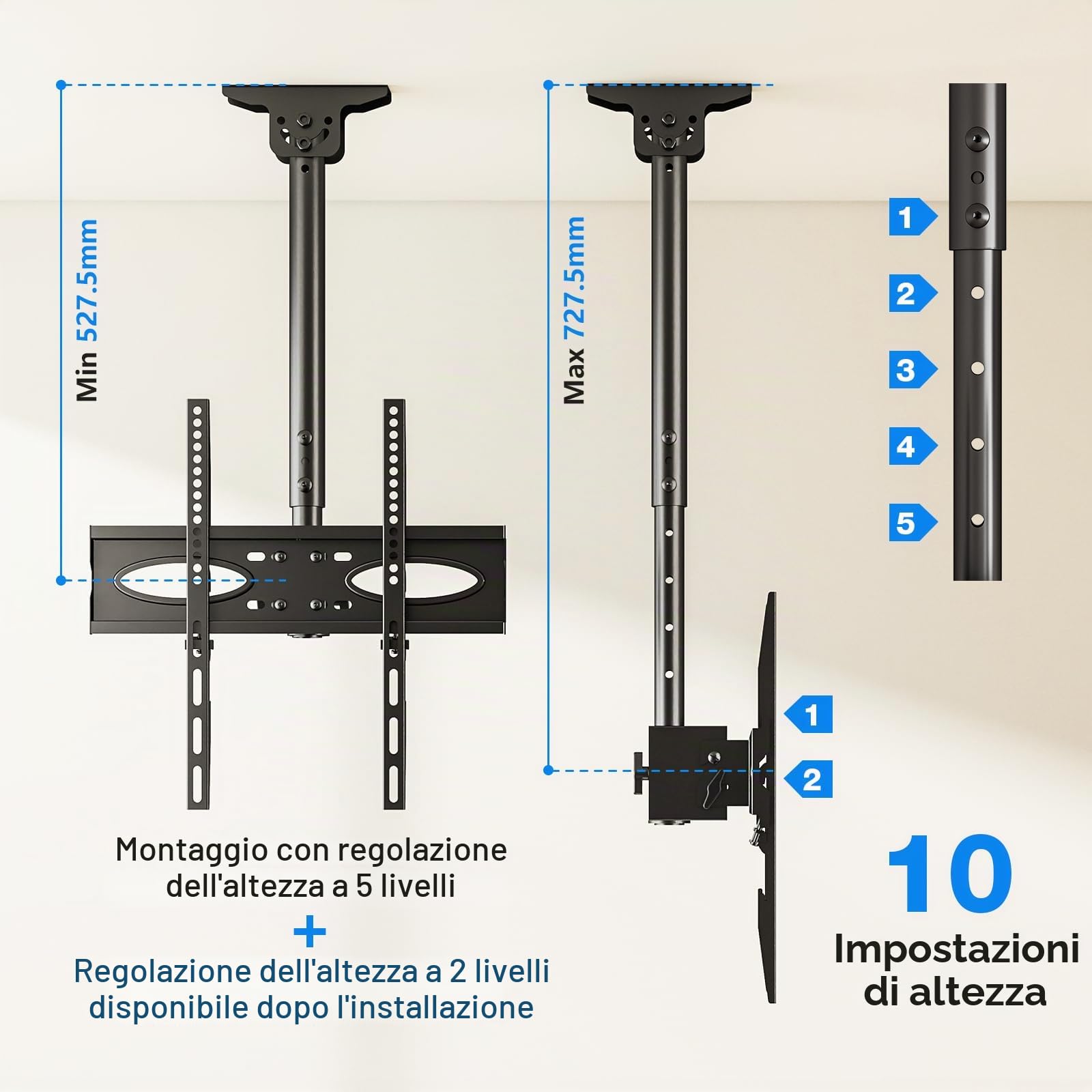 Rfiver Staffa per TV da soffitto regolabile e girevole per TV da 32-65", rotazione a 360°, supporto per TV fino a 40 kg, VESA max 400 x 400 mm