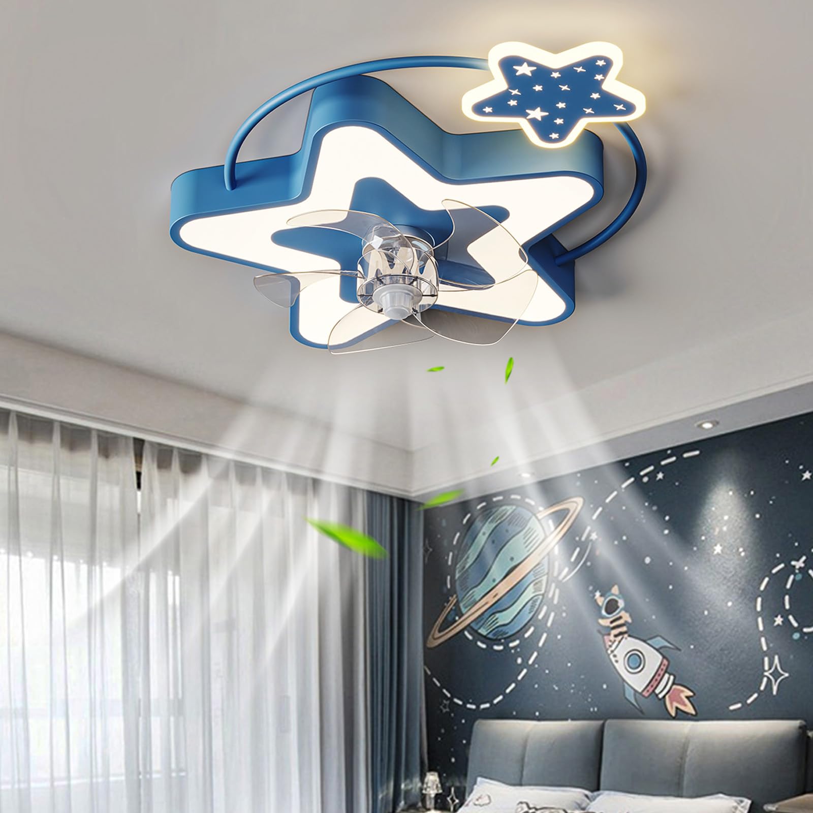 Caufloce Kids Ceiling Fans with Lamps Reversible Dc Dimmable Quiet Ceiling Fans with Lights and Remote Timer 6 Speed Fan Ceiling Light for Kids Room-Blue Stars