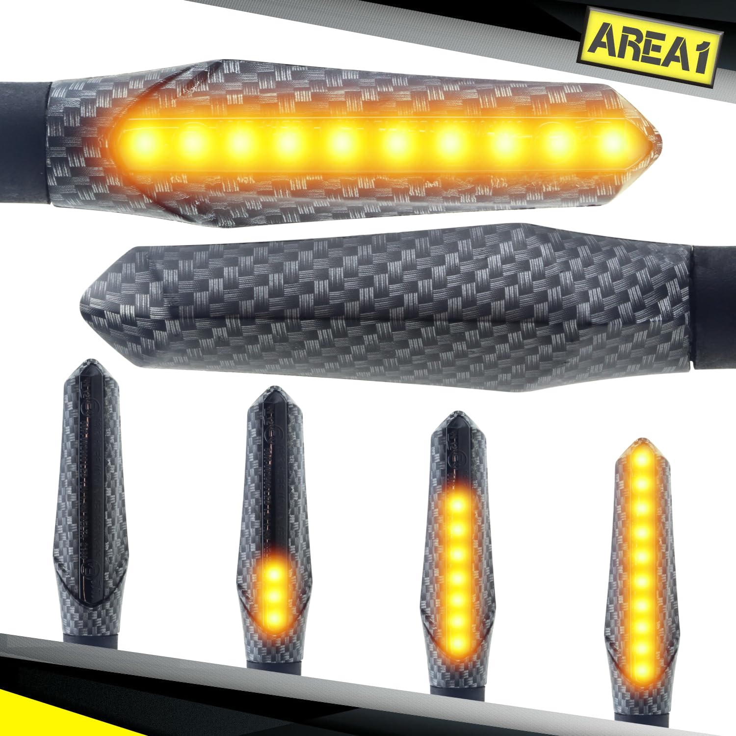 Area1 Frecce LED Moto Omologate E in Carbon Look con Effetto Scorrimento, M8, Set 2 Pezzi – Compatibili con KTM 790 Duke, 390 Duke, 690 SMC/R, MT-07, MT-09, MT-125, Z900, Z650, Z500, Z125, CMX