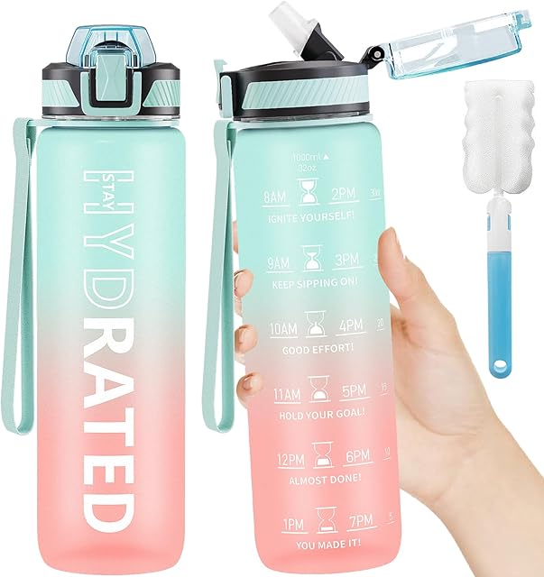 QLUR Water Bottle with Straw, 1L Drinks Bottle with Time Markings-Tritan BPA Free-Sports Water Bottle Leakproof with Lock Cover, Motivational Water Bottles for Gym, Hiking, Fitness, Yoga (1 Bottle)