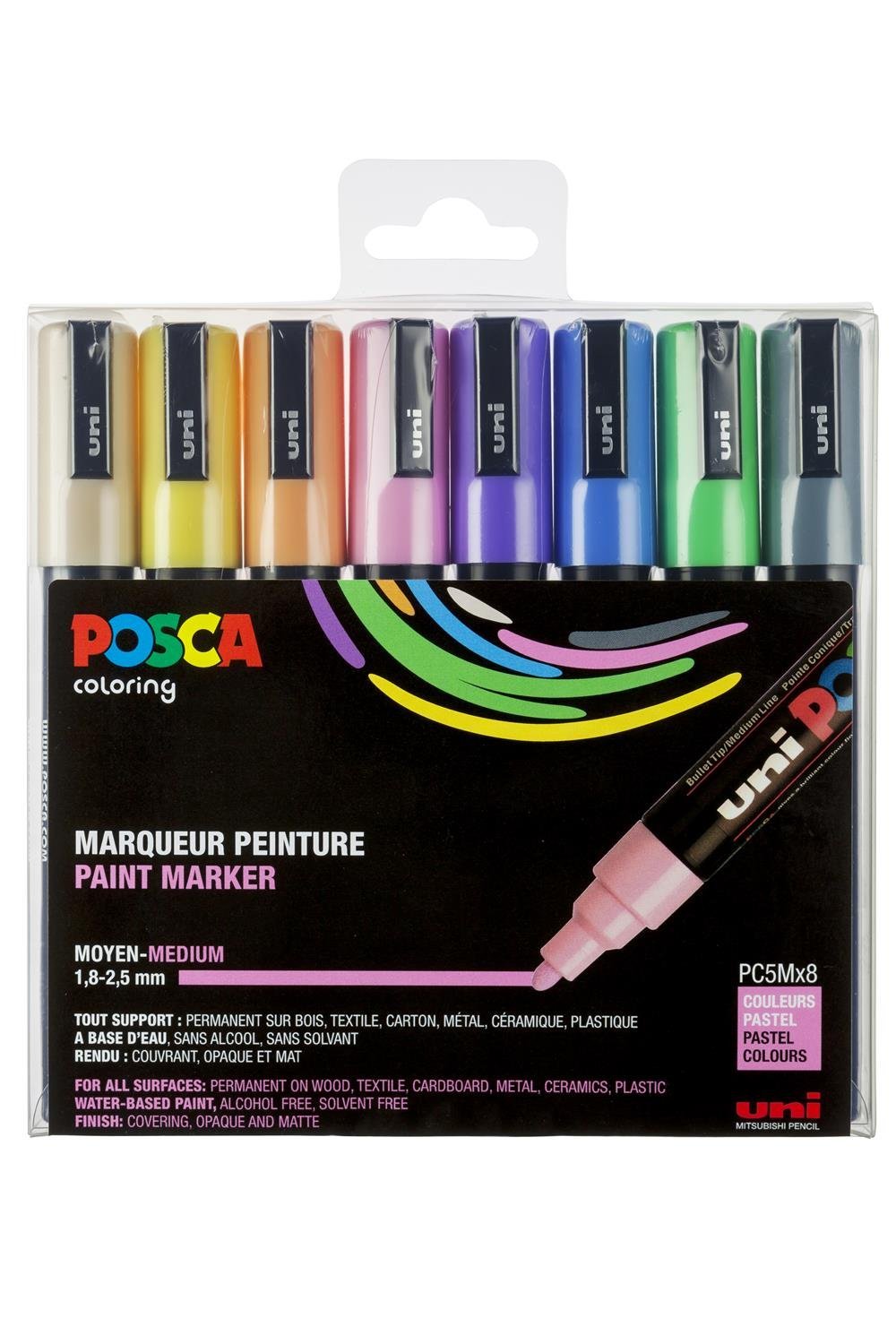 POSCA - Lote de 8 rotuladores PC5M (punta cónica, mediana, colores pastel