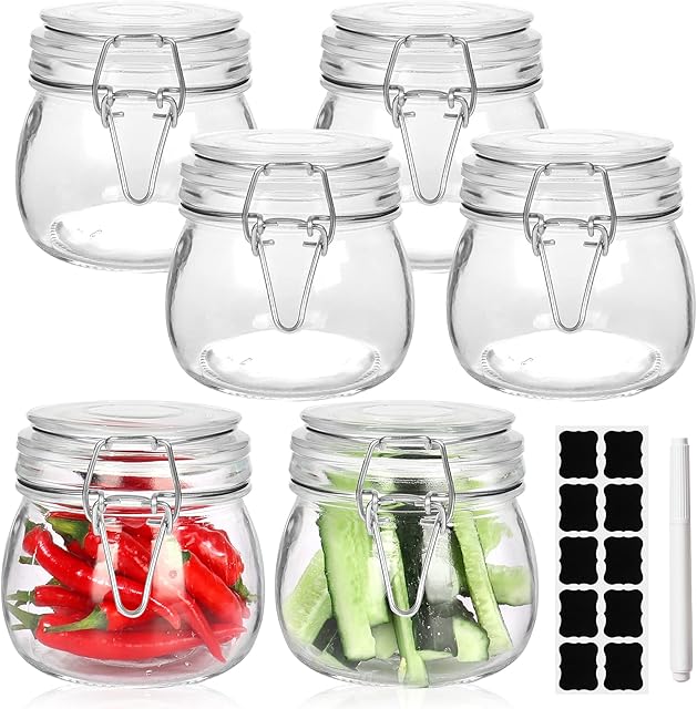 16 oz Glass Jars, 6 Pack Wide Mouth Mason Jars Preserving Jars with Airtight Rubber Gasket Hinged Lids Reusable Kitchen Storage Jar for Coffee,Jam, Jelly, Honey, Beans, Spice and More