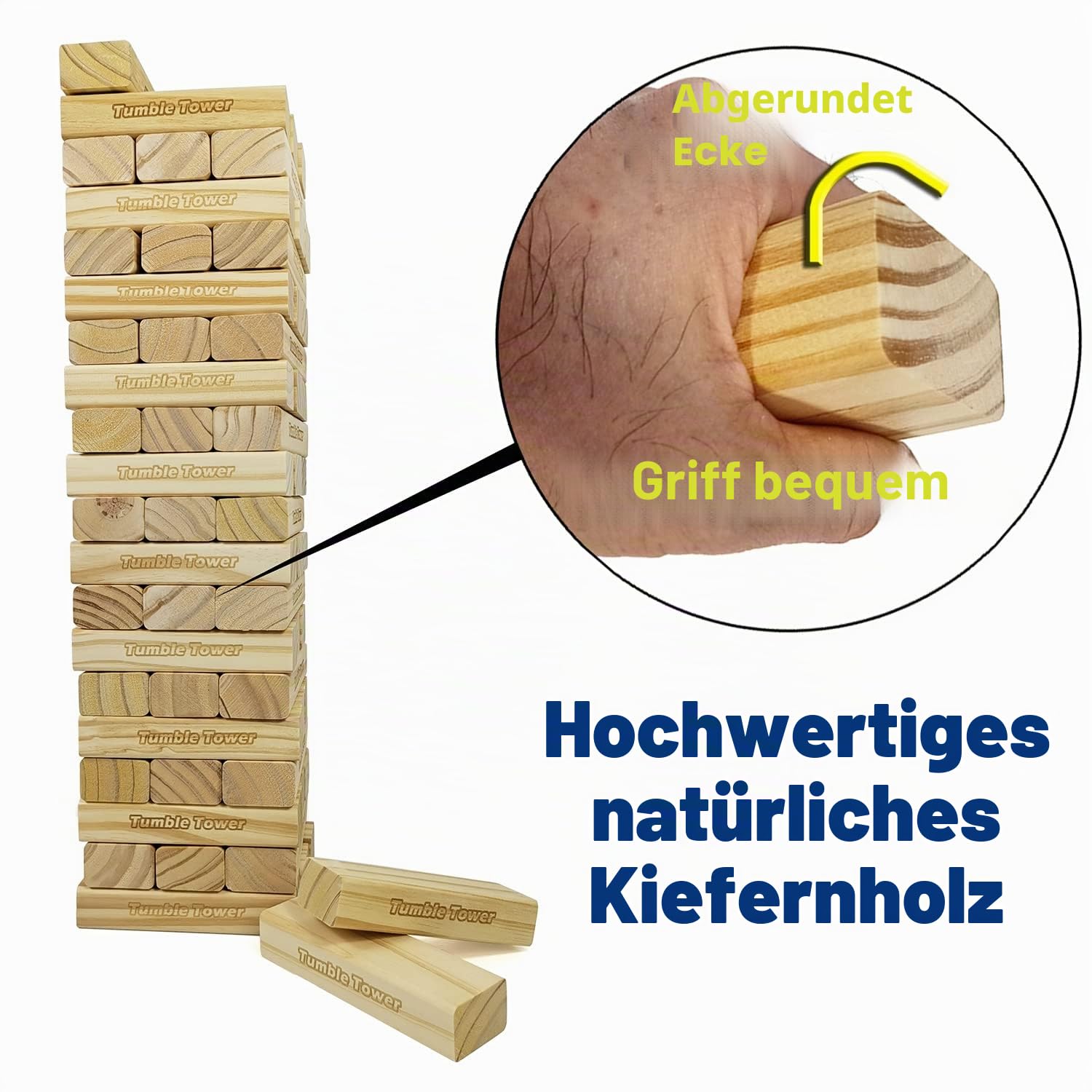Jac & Mok Jumbo-Trommelturm-Spiel, 60 Stück, aus Holz, Spielzeug mit Tragetasche, hochwertiges Kiefernholz-Material (von 60 cm bis 150 cm)