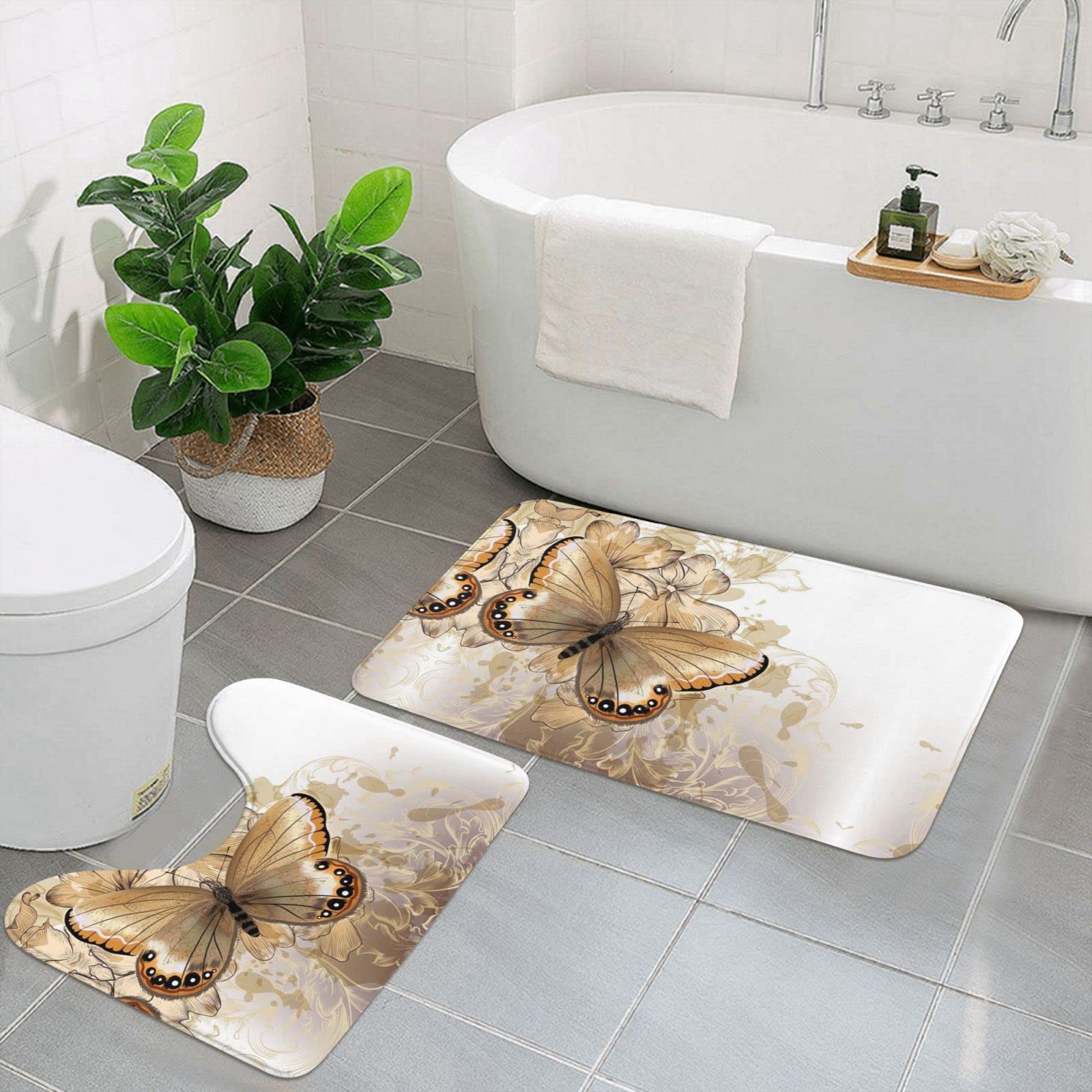 Tapis de bain pour baignoire et douche lot de 2 motif papillons