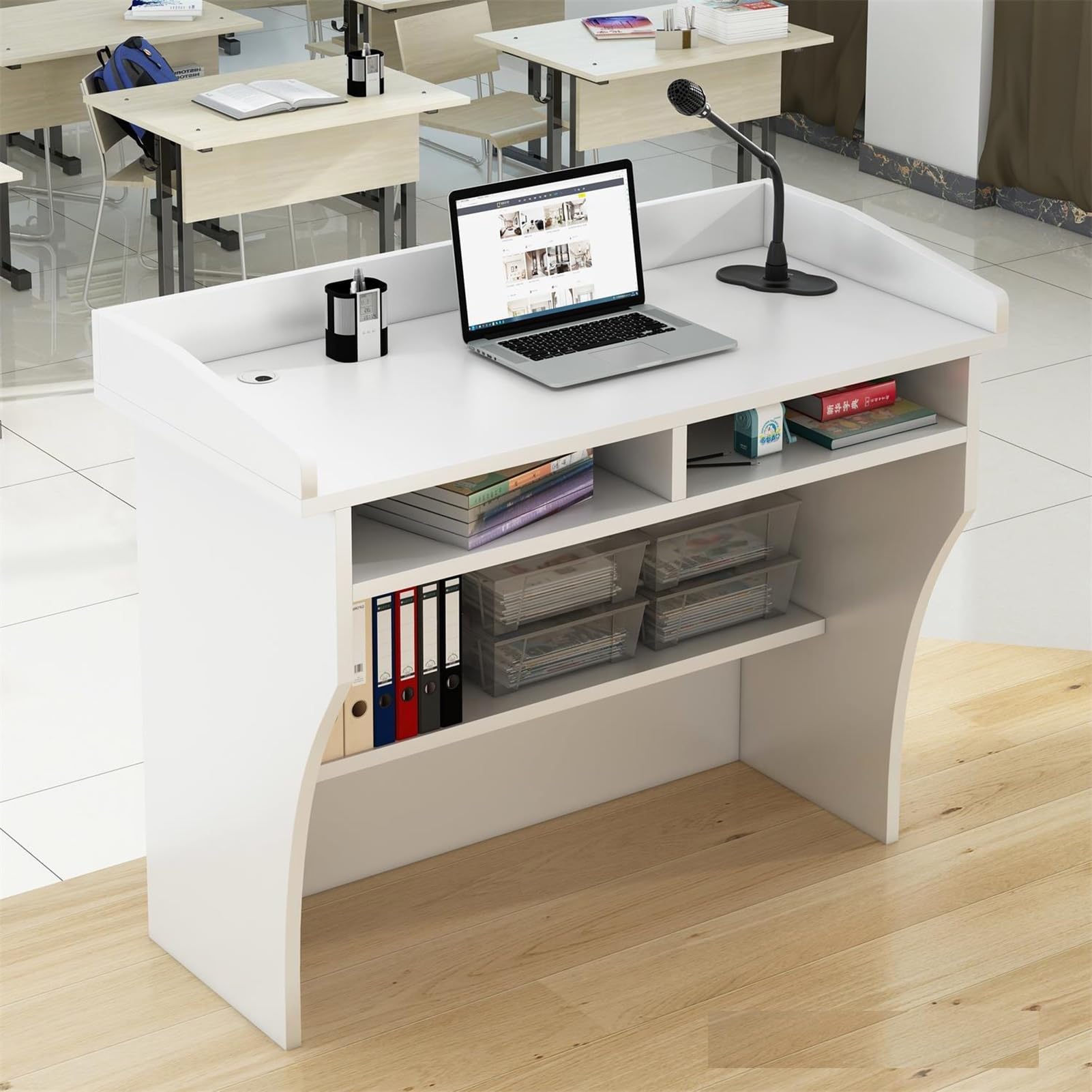 Bureau podium blanc 120cm comptoir caisse réception et pupitre conférence