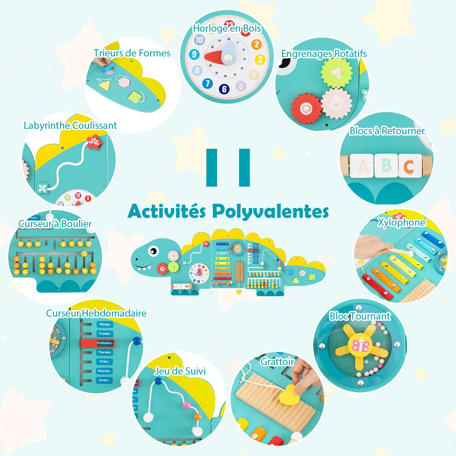 COSTWAY Busy Board Montessori en Forme Dinosaure avec 11 Jeux Sensoriel, Planche Tableau Activité Murale avec Xylophone & Horloge, Parcours Motricité Bébé pour Salle de Jeux, Crèche (Dinosaure Vert)