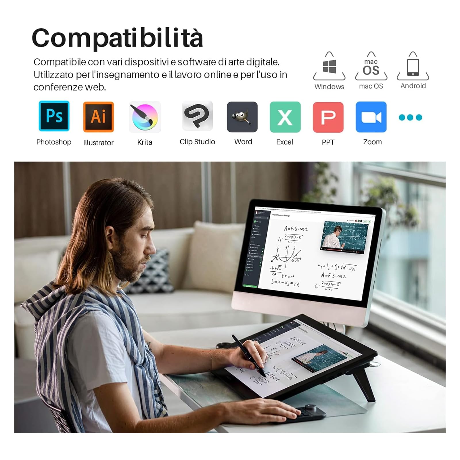 HUION Kamvas Pro 24 Tavoletta Grafica Con Schermo, 4K UHD Full Laminato 23.8 Pollici Disegno Digitale Display 140% sRGB, PW517 Penna, KD100 Wireless Mini Keydial - Compatibilità Windows Android Mac