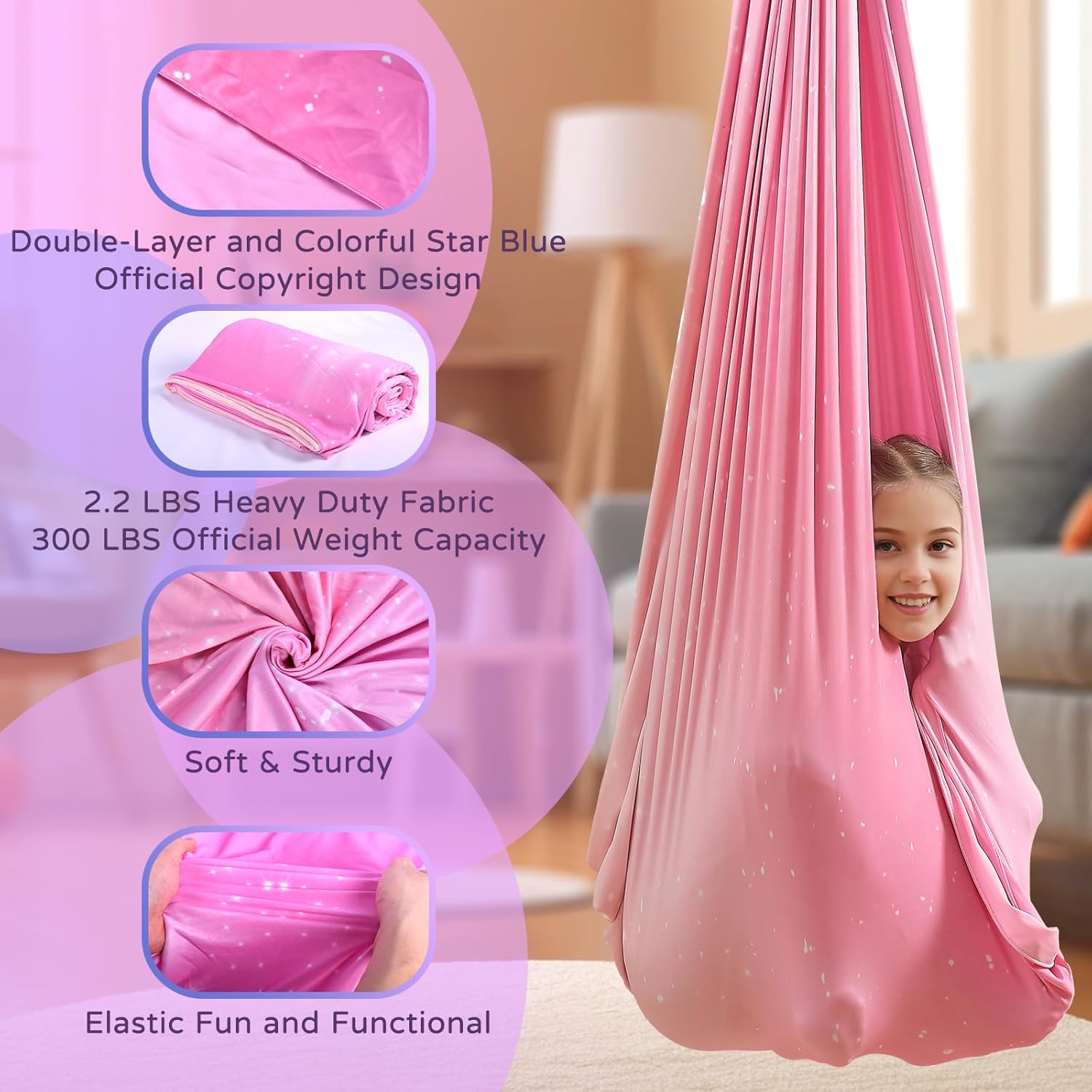 Sensory Swing for Kids and Adults Indoor & Outdoor Double Layer Therapy Cuddle Holds up to 300lbs Adjustable Hammock Chair with 360° Swivel Hanger Kit Effect for Aspergers Autism ADHD(Fantasy Pink)