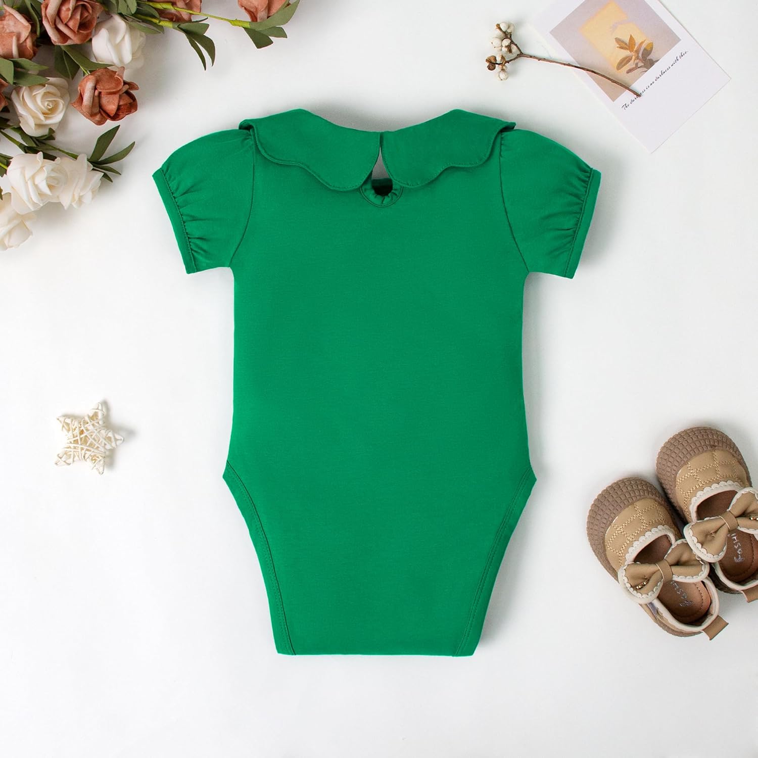 0-24M Infant Girls Ruffle Collar Romper Baby Girl Solid Color Bodysuit Casual Jumpsuit (Green short, 9-12 Months) - Image 3