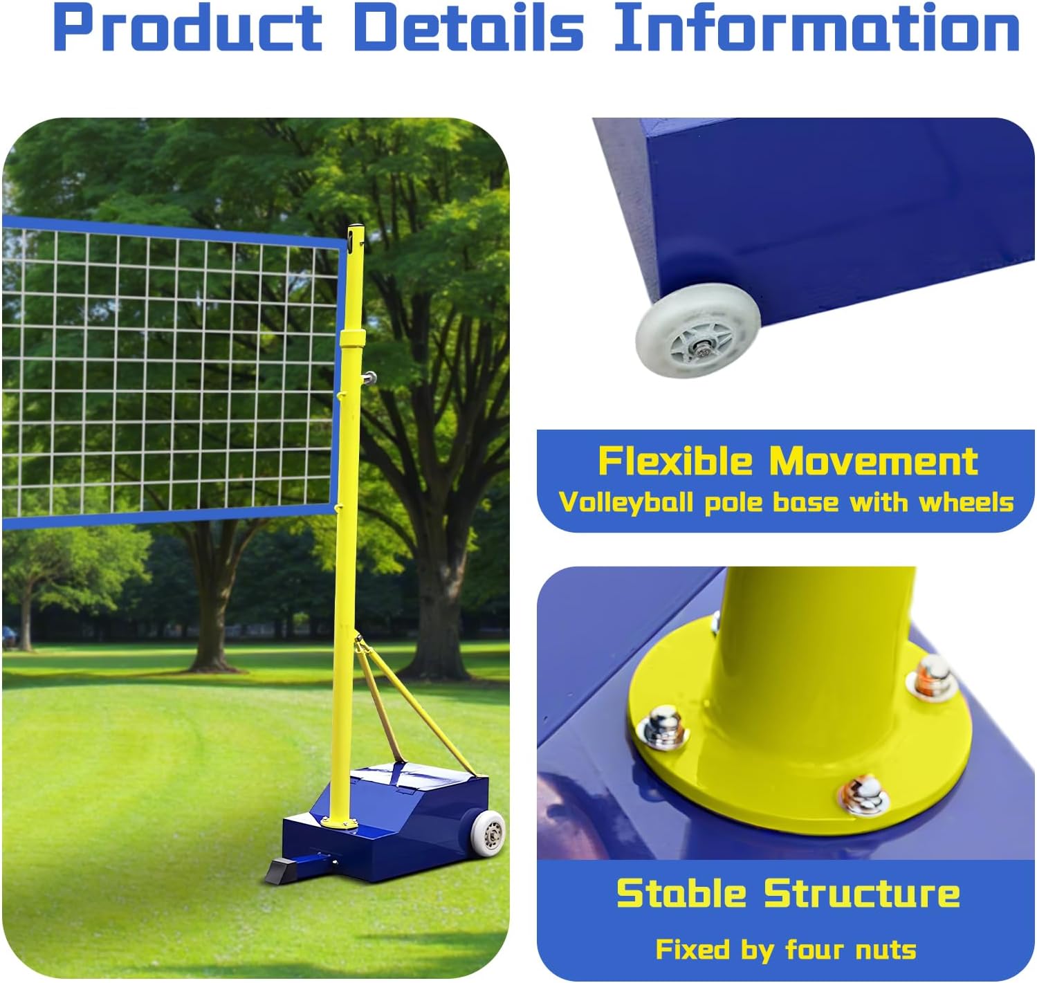 Volleyball Poles for Backyard with Net,Volleyball/Badminton Poles with Movable Heavy Duty Base,Volleyball Net Poles Adjustable 4 Heights,for Indoor Outdoor Stadium School Adults Kids
