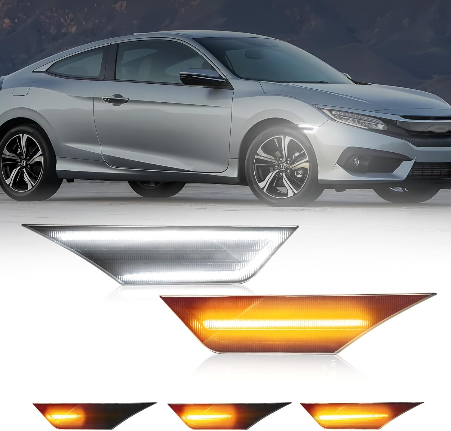 AUTOONE Switchback LED Side Marker Lights Compatible With 10th Gen Honda Civic 2016-2021, Amber Yellow Turn Signals & White Daytime Running Lights, Smoked Lens, 2PCS