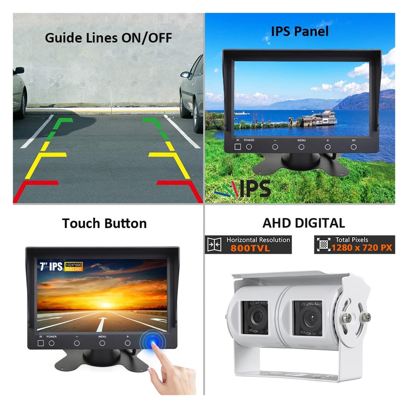 7-calowy Monitor Samochodowy Z Ekranem IPS AHD 720P, Biały, Podwójny Obiektyw, Zestaw Kamery Cofania Dwoma Obiektywami WyraźNy Obraz(Dual Camera Kit -10M)