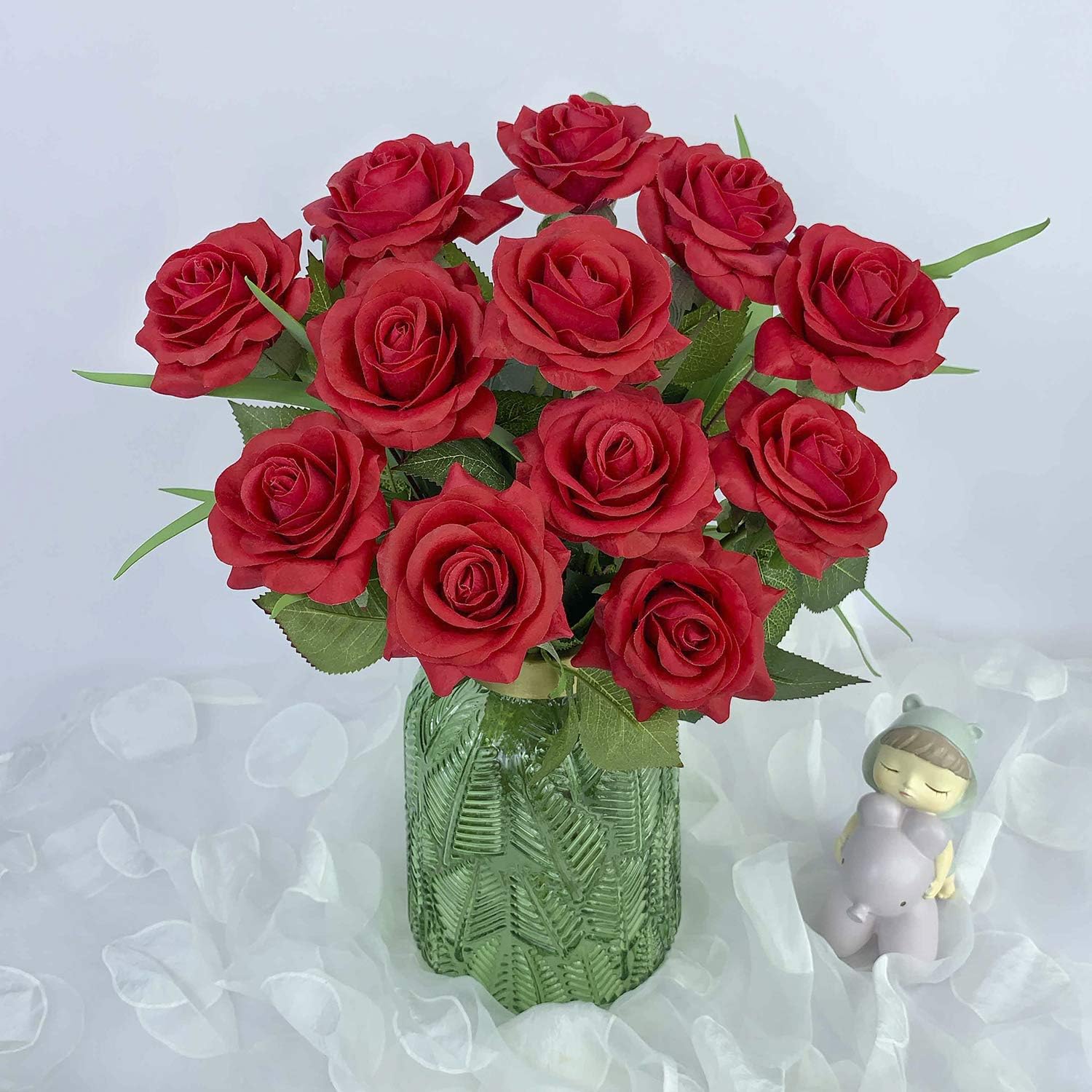 12 Stems Artificial Flowers Silk Roses Fake Flowers Bridal Wedding Bouquet，Realistic Blossom Flora for Home Garden Party Hotel Office Decoration (Red)