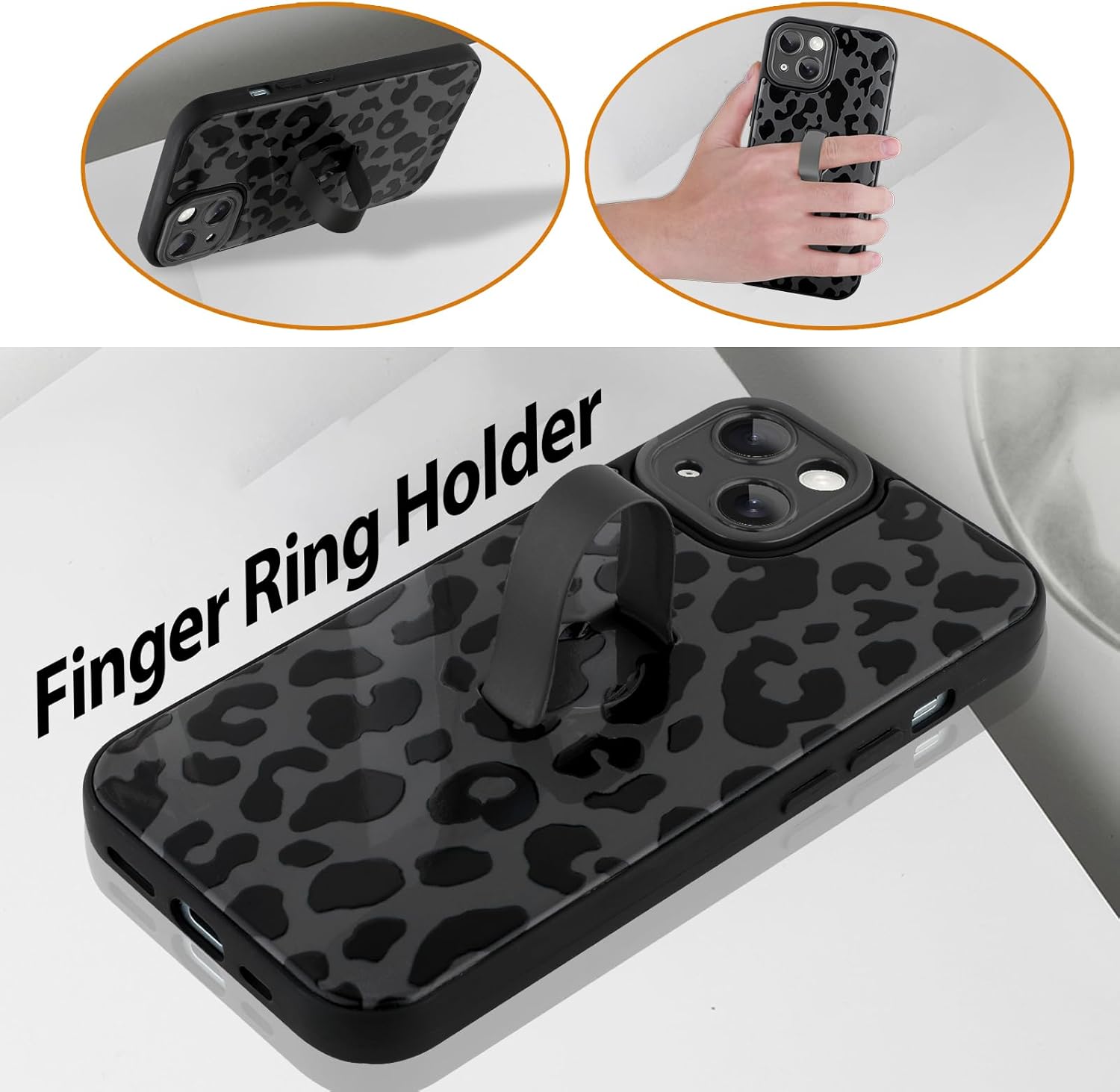 Compatible with iPhone 14 Case for Women Girls, Cute Cheetah Leopard Pattern, Built in Adjustable Wrist Strap Grip Hand Holder Stand Shockproof Kickstand Cover (Black) - Image 3
