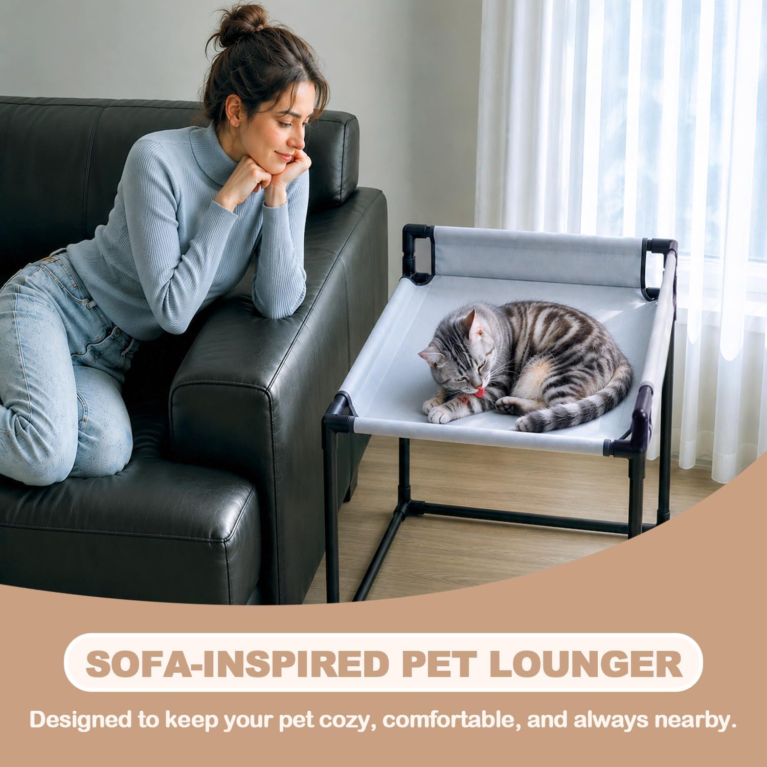 Bedside Cat Bed for Indoor Cats & Small Dogs, Elevated Pet Bed with L-Shaped Guardrail, Metal Frame & 600D Oxford Fabric, Raised Side Bed for Pets, Window Perch Cat Hammock Bed