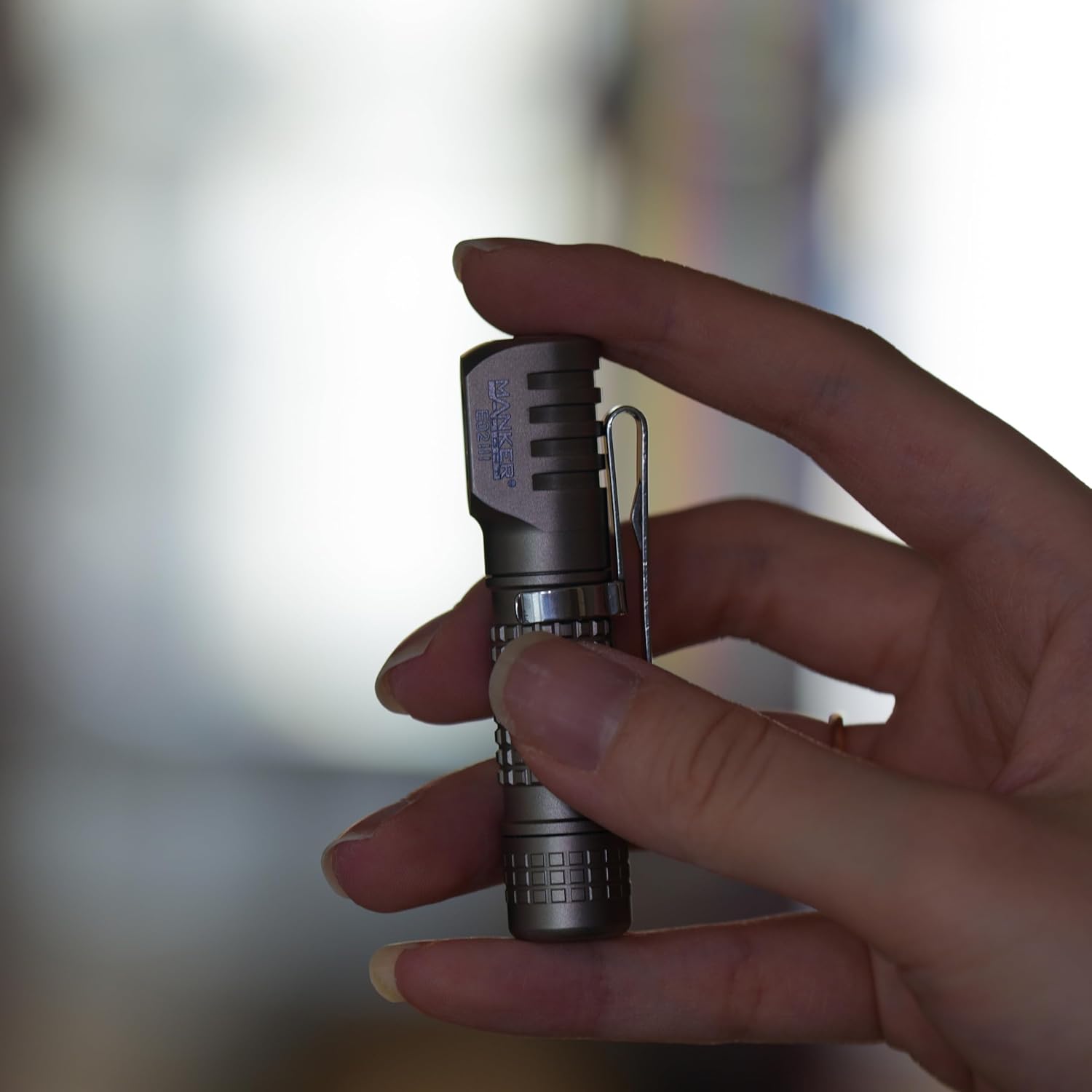 Mankerlight E02 III Titanium Rechargeable Pocket Flashlight, Compact Lightweight LED Headlight (4000K NICHIA 519A-V1, Bead Blasted)