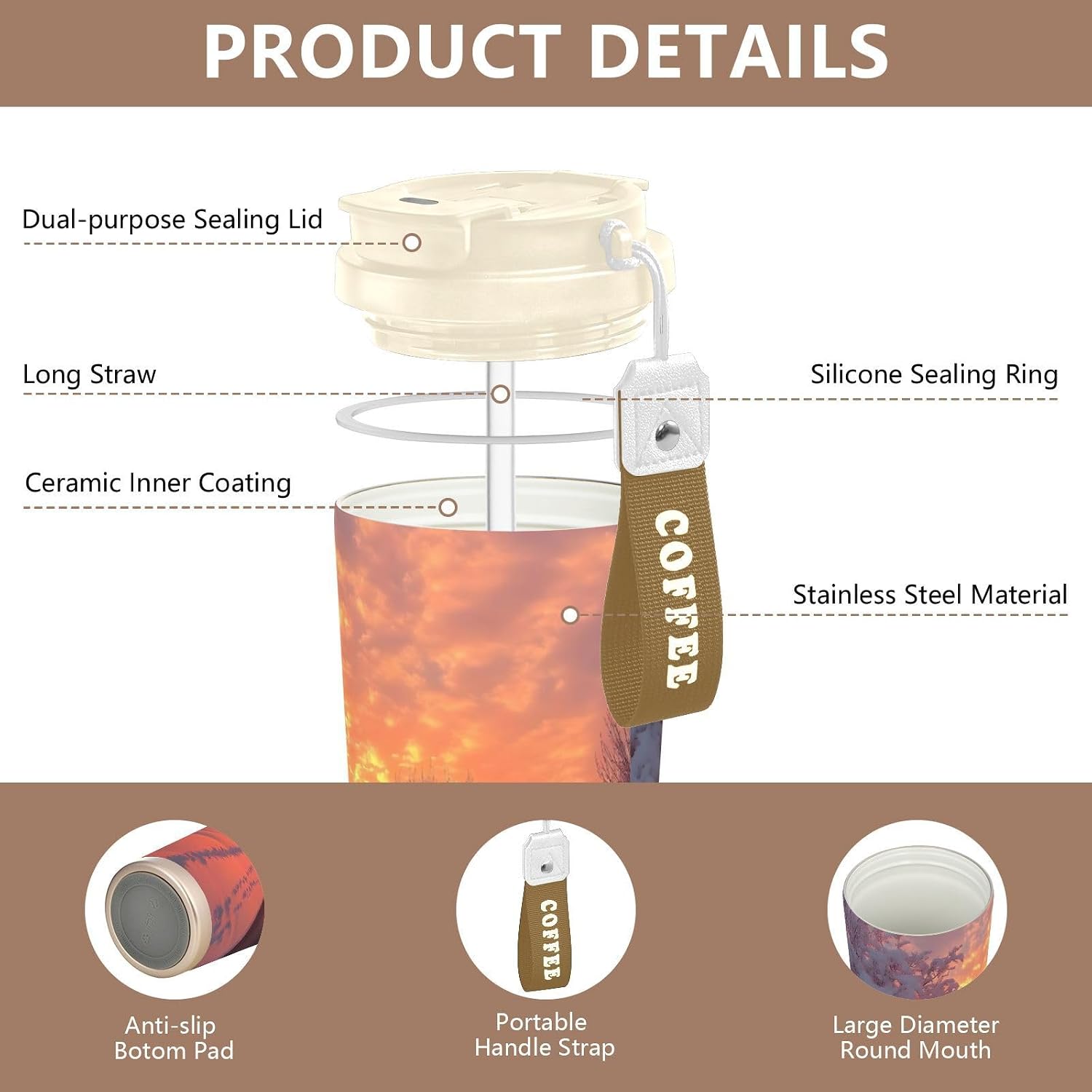 Winter Landscape Sunrise Insulated Coffee Mug with Straw & Flip Lid, 16.9oz Iced Tumbler Cup, Double Wall Vacuum Mug for Travel Office