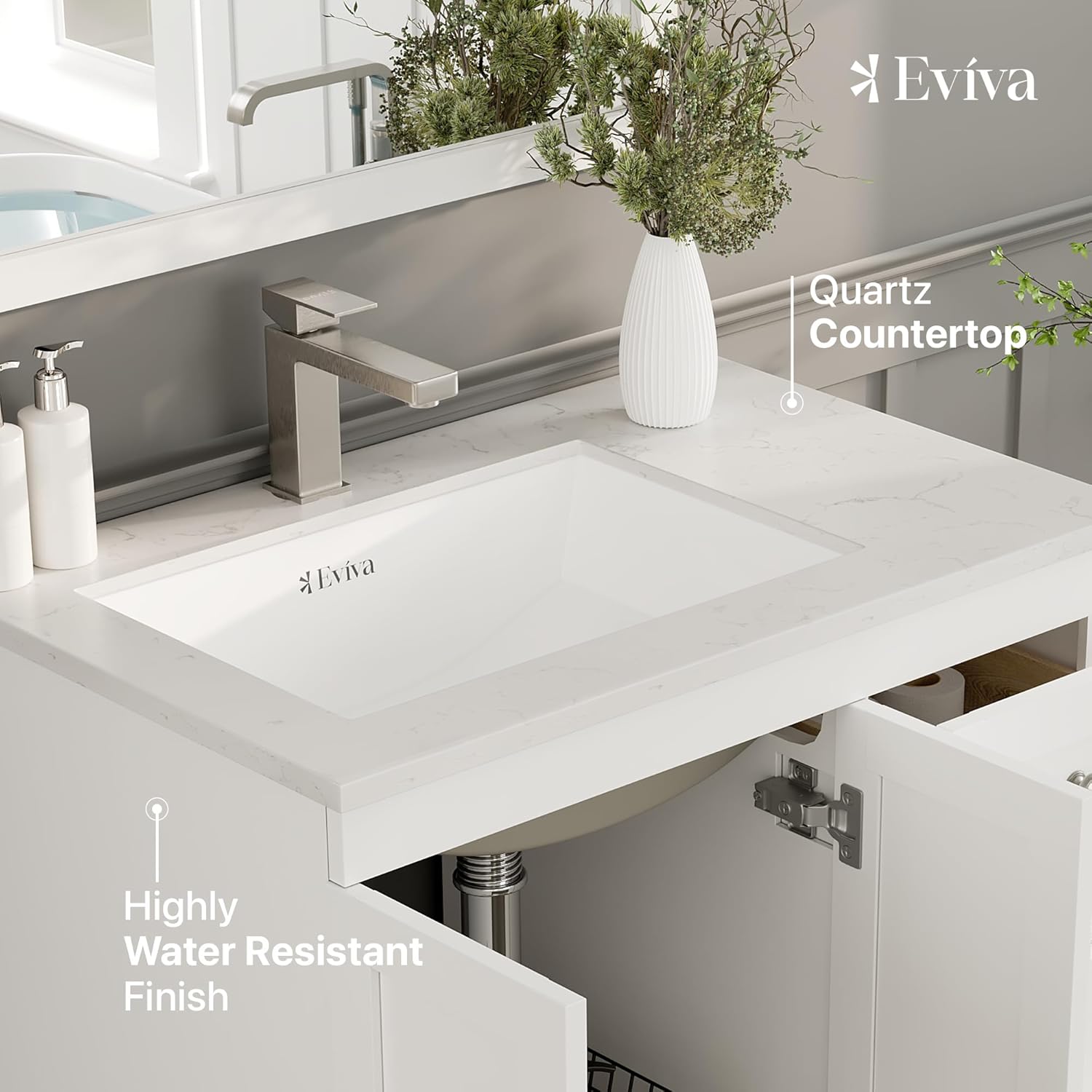 Eviva Happy 30 Inch White Bathroom Vanity with Quartz Top & Porcelain Sink