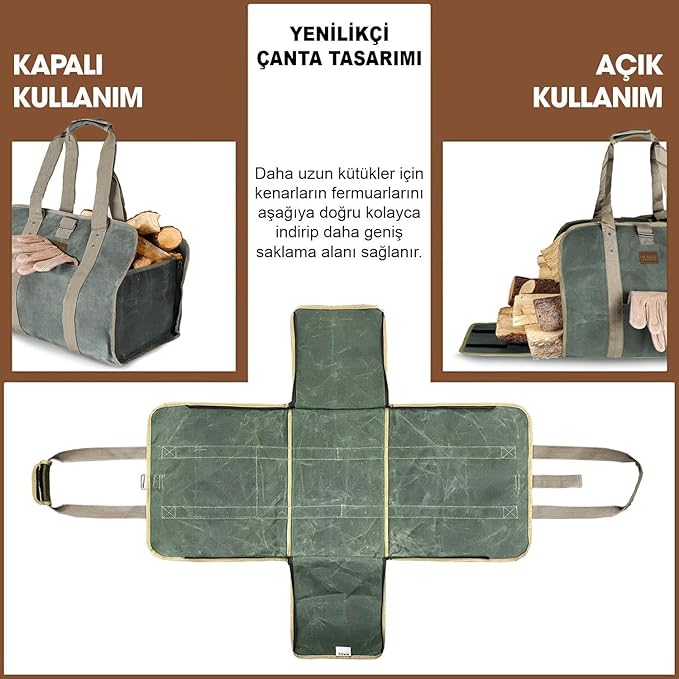 Haegs Fermuarlı Ağır Hizmet Çantası, 2in1, Şömine Odun Çantası, Waxed Kanvas, Yakacak Kütük Taşıma Depolama Çantası [Şömine Odunluk Kamp Ateş Çukuru Odun Sobası Malzemeleri Çantası] - Timsah Yeşili