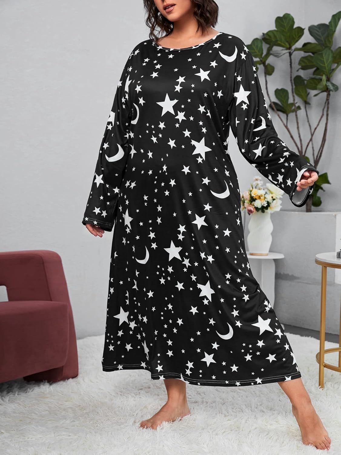 WDIRARA Women's Plus Size Long Sleeve Star Print Loose Nightgown Sleepshirt Loungewear - Image 3