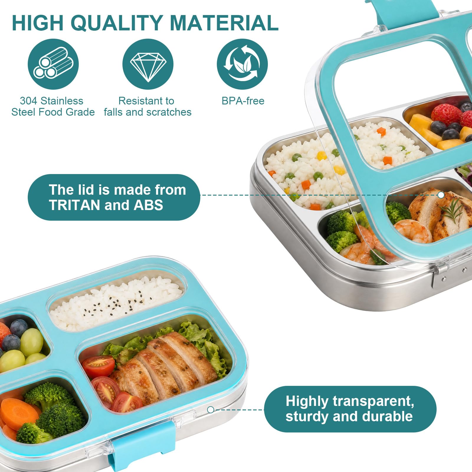 Cozary Boîte à Déjeuner en Acier Inoxydable, 800ml, avec 4 Compartiments, sans BPA, Portable, Passe au Lave-Vaisselle, pour l'École, Le Bureau, les Déplacements, Bleu