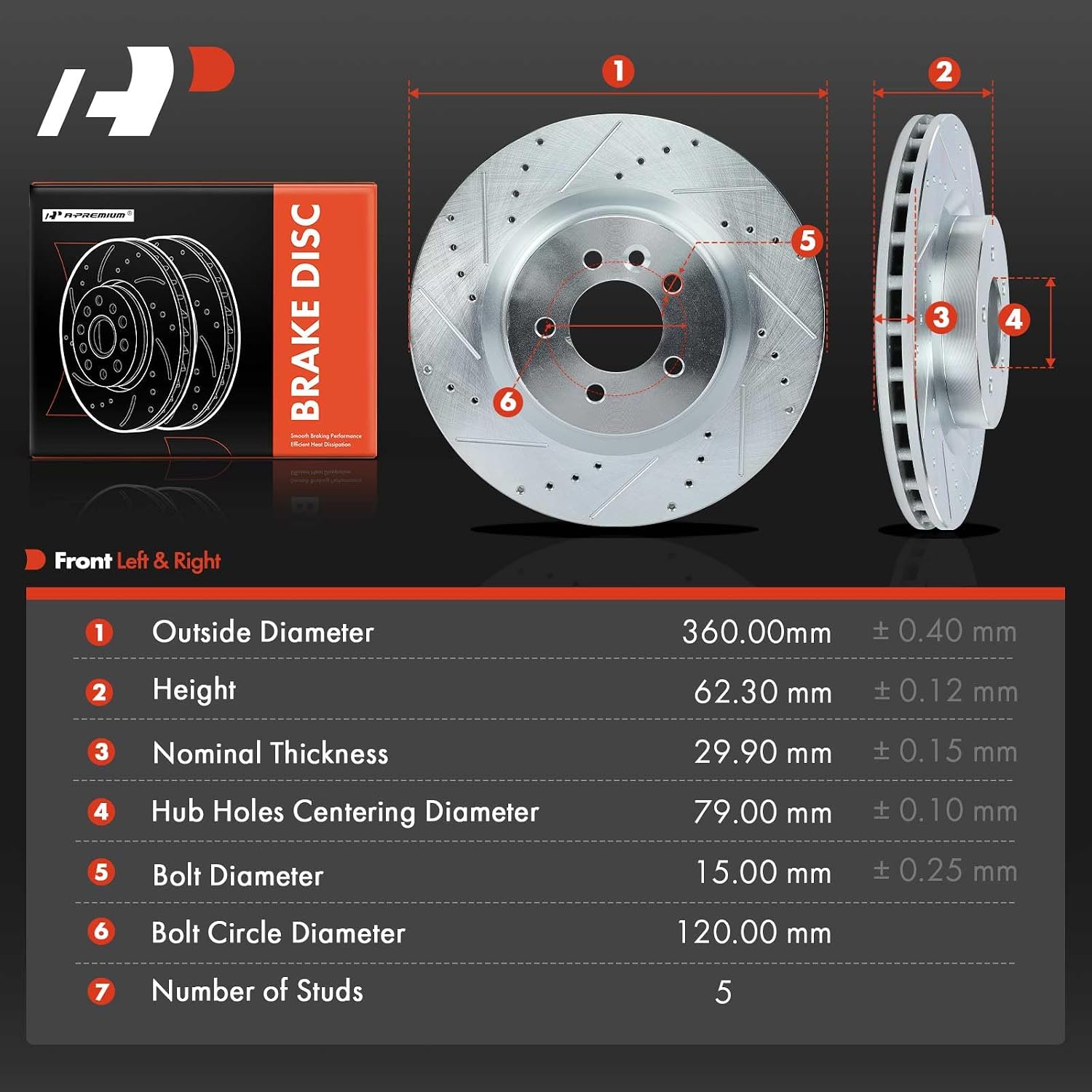 A-Premium 14.18 inch (360mm) Front Drilled and Slotted Disc Brake Rotors Compatible with Select Land Rover Model - Range Rover 2014-2017, Range Rover Sport 2006-2017, LR4, Discovery