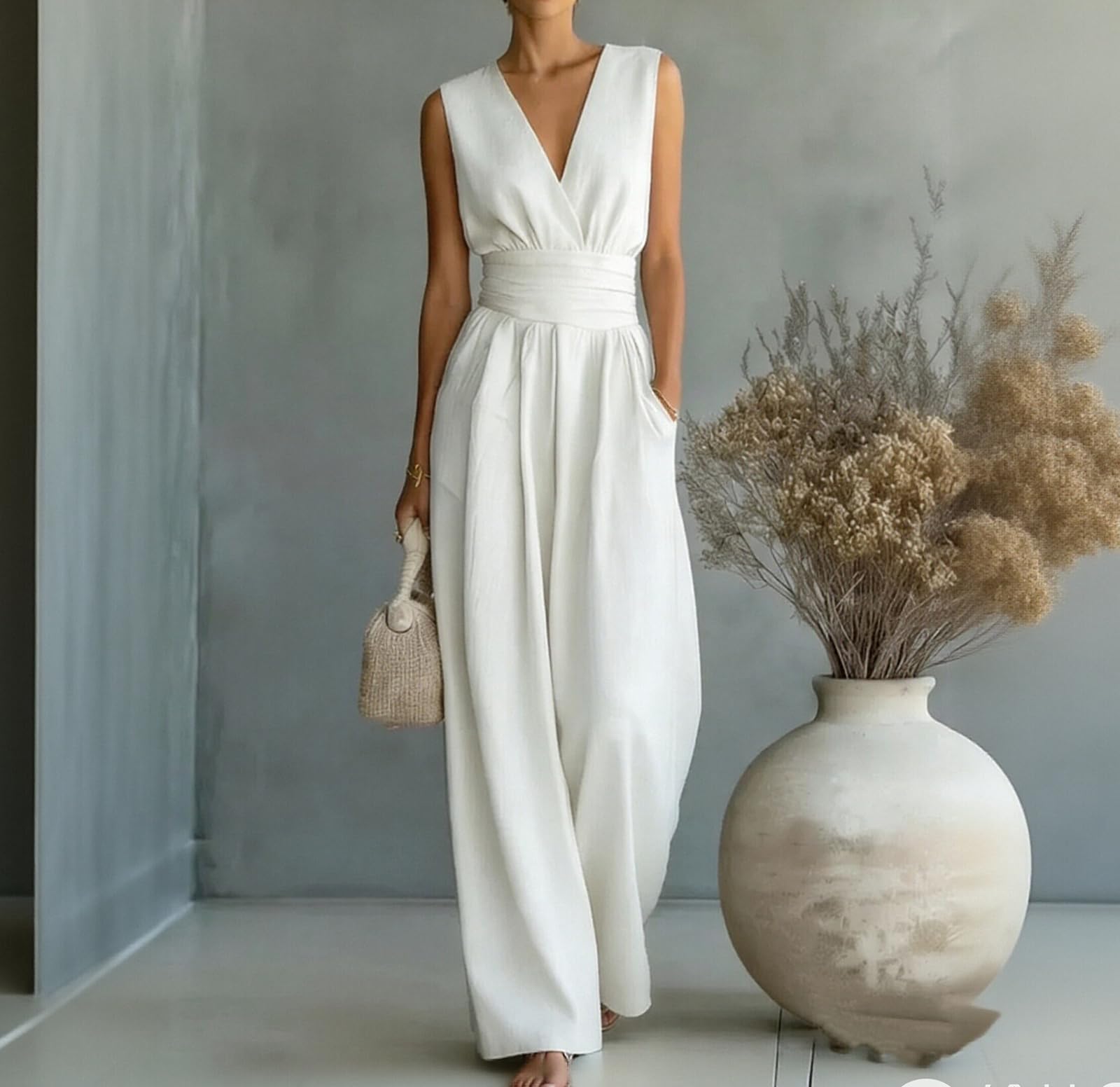 FUPODD Jumpsuit Damen Sommer Elegant Lang Tailliert Overall Festlich Hochzeit Romper Weites Bein Ärmellos Hosenanzug Hochzeitsgast Jumpsuits Frauen V Ausschnitt Buisness Playsuit Mit Tasche Onepiece