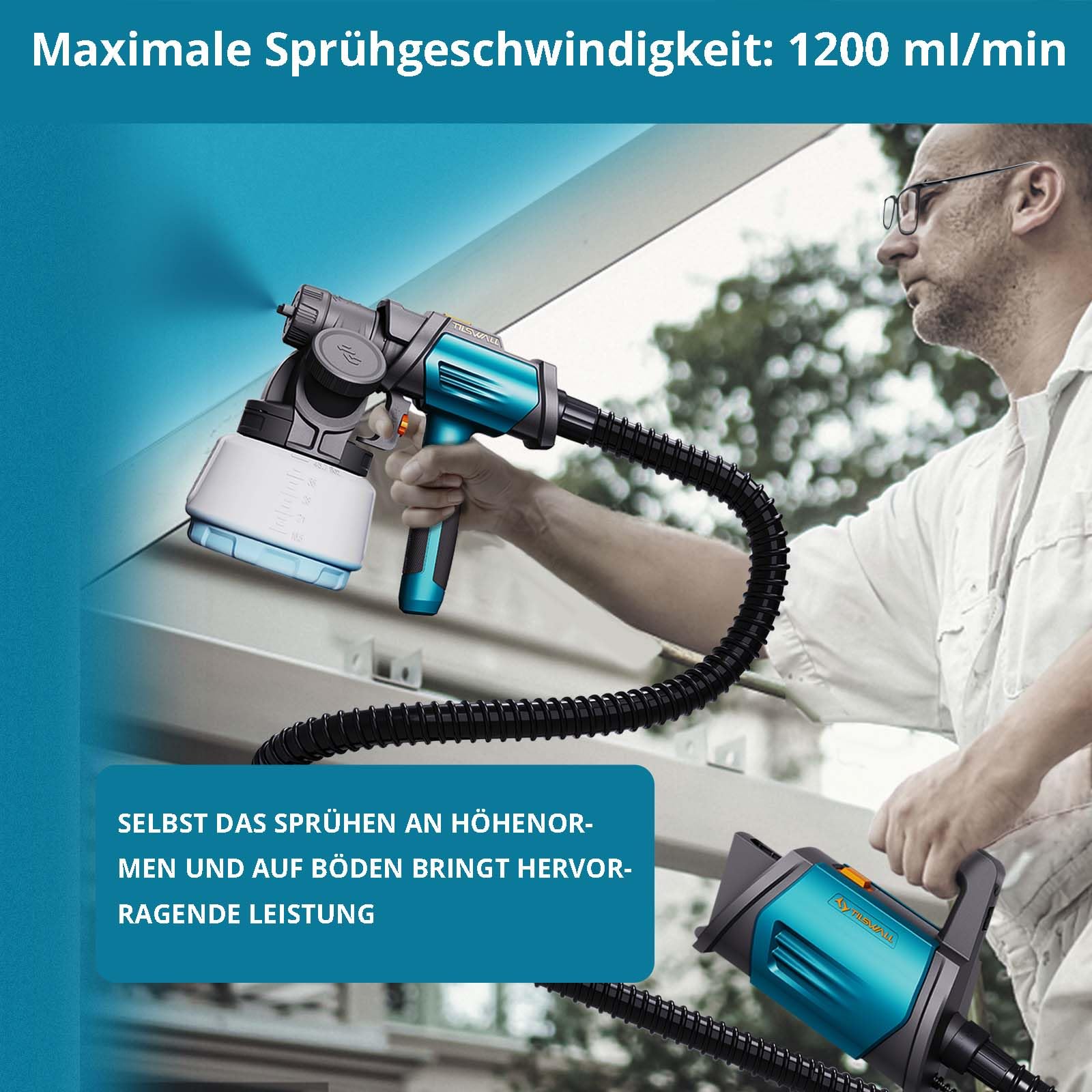 Tilswall Farbsprühsystem Shark 800 HVLP Elektro-Farbsprühgerät mit 1300ml Behälter, 120 DIN-s Lackierpistole Elektrisch mit 4 Düsen und 3 Sprühmodi für Innen- und Außenwandfarben (Blau)